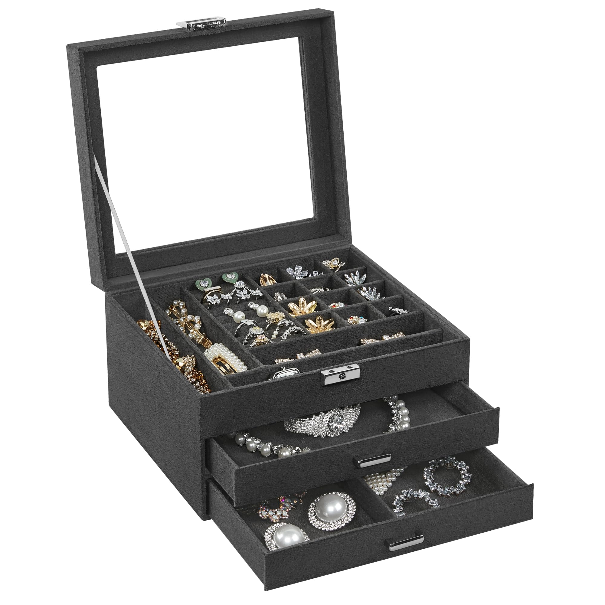 SONGMICS 3-Tier Jewelry Box, Travel Jewelry Case with Handle, 2 Drawers, Lockable Jewelry Organizer with Mirror, Jewelry Storage, Modern Style, Gift for Loved Ones, White UJBC154W01