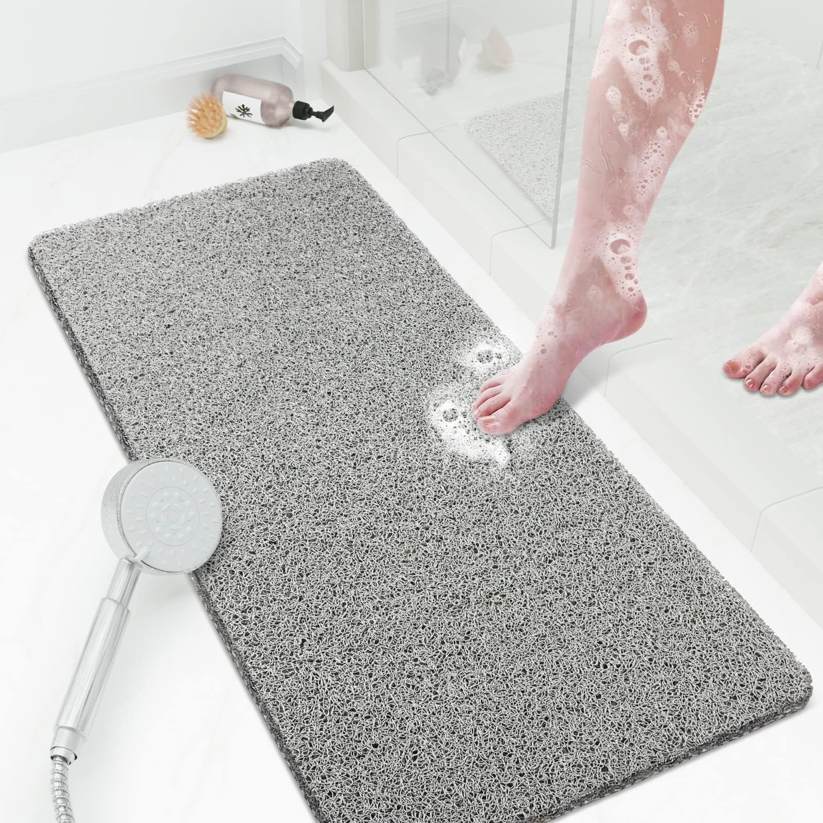 PVC Loofah Shower/Bathtub Mat Non-Slip, 24x16 inch, Soft Tub Mat with Drain, for Tub and Bathroom,Quick Drying,Grey