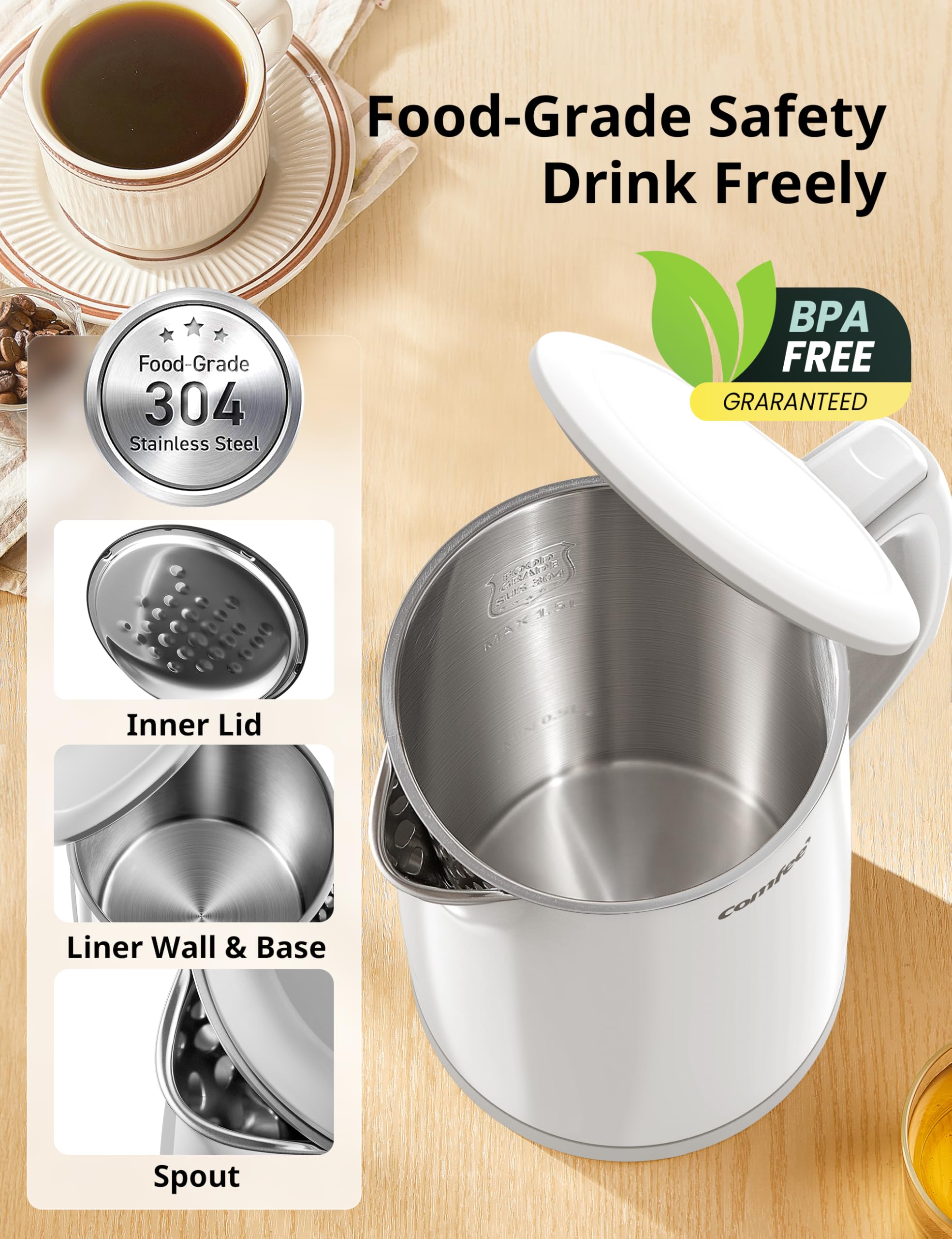 COMFEE' Stainless Steel Electric Kettle, 1.7 Liter Tea Kettle Electric & Hot Water Kettle, 1500W Fast Boil with LED Light, Auto Shut-Off and Boil-Dry Protection