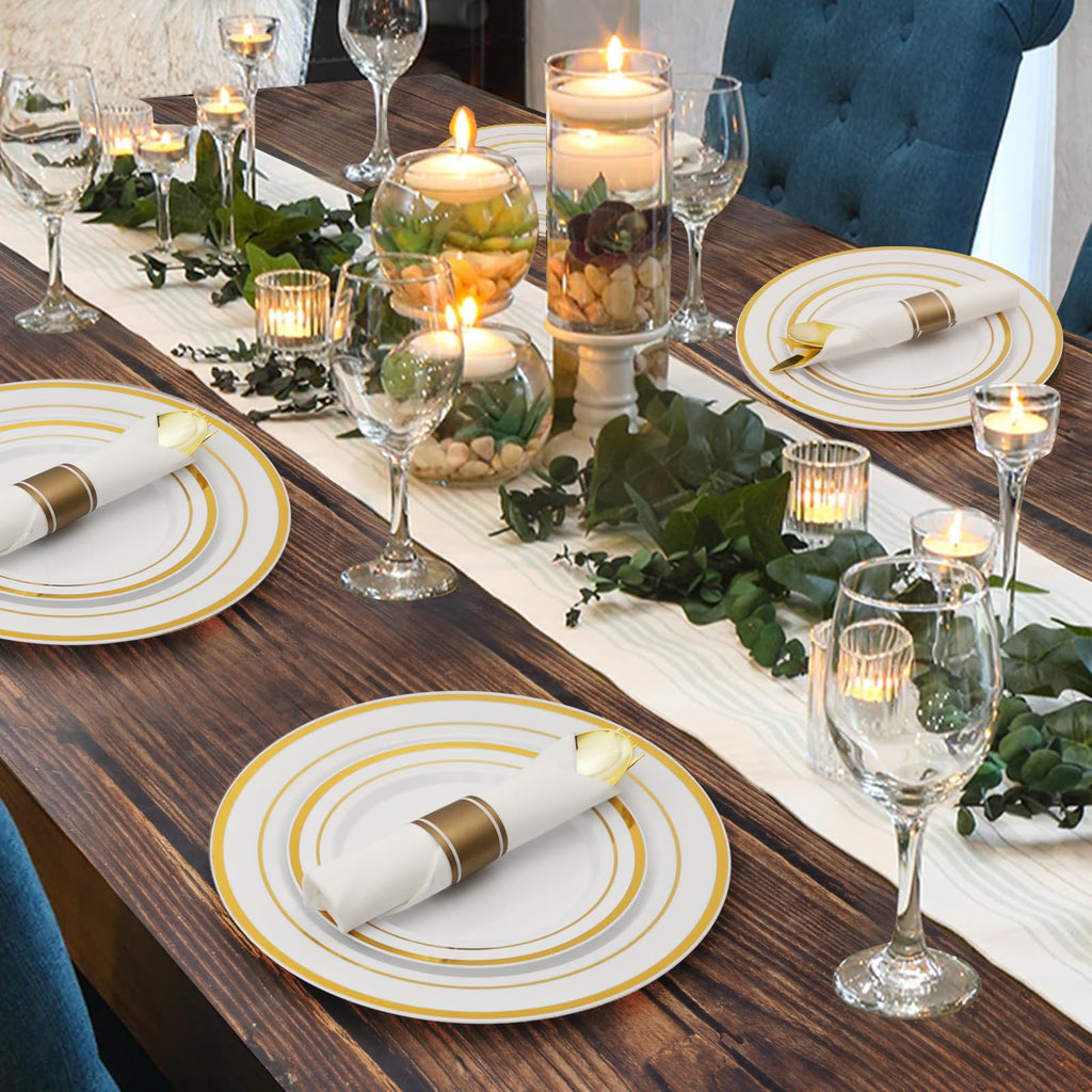 Goodluck 350 Piece Silver Plastic Dinnerware Set for 50 Guests, Fancy Disposable Plates for Party, Include: 50 Dinner Plates, 50 Dessert Plates, 50 Pre Rolled Napkins with Silver Silverware, 50 Cups