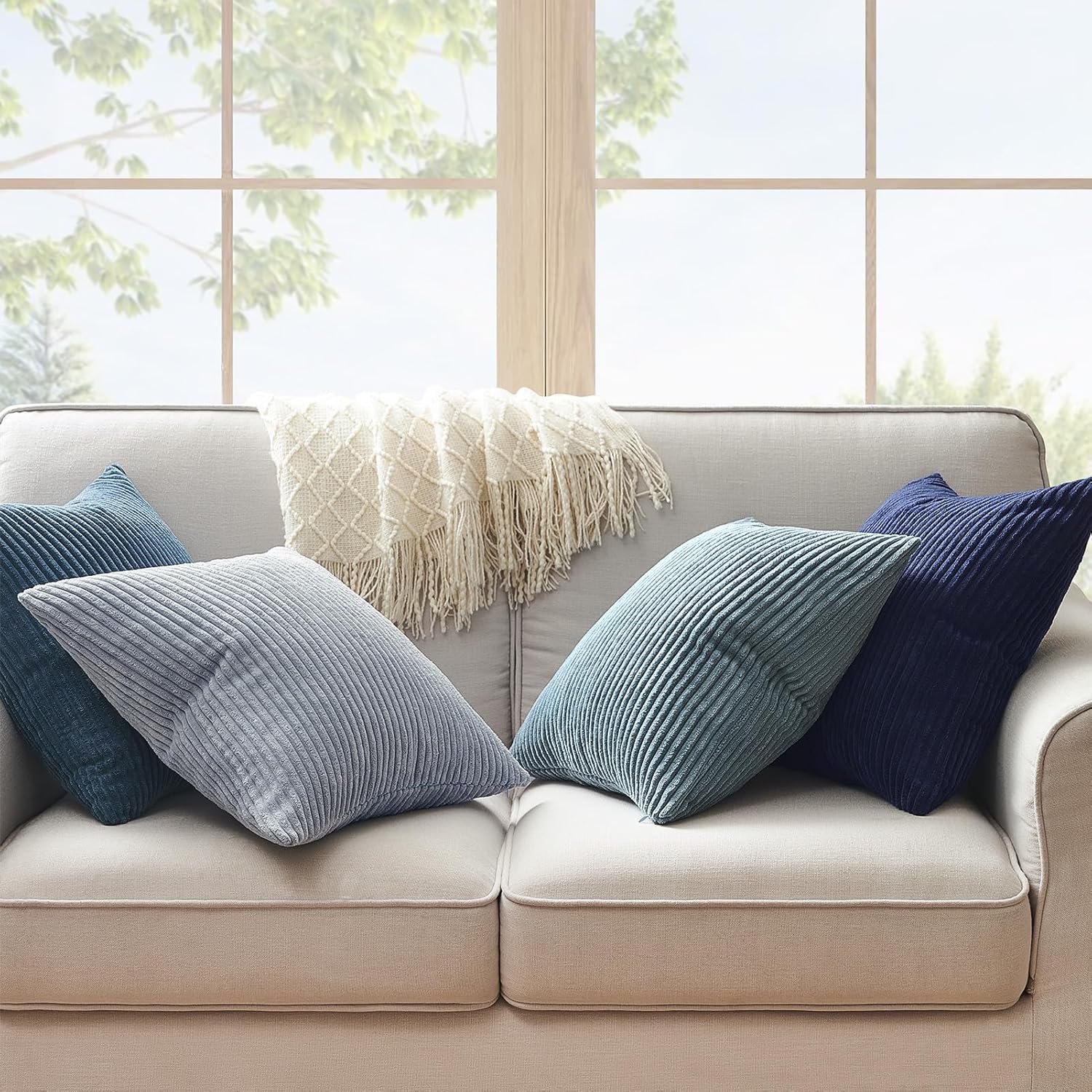 Topfinel BlueGray Decorative Throw Pillow Covers 22x22 Inch Set of 4,Soft Accent Corduroy Striped Gradient Color Small Cushion Cover for Beach,Patio,Balcony,Couch Living Room,Summer Home Decor