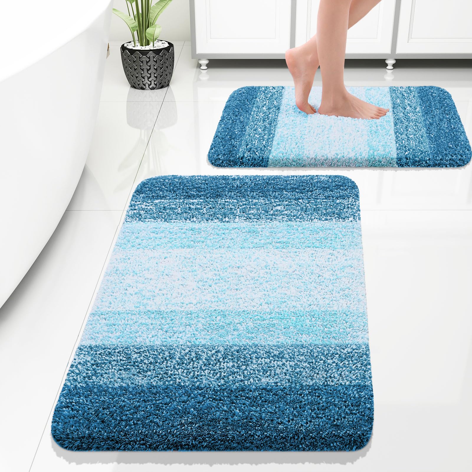 OLANLY Bathroom Rug Set 2 Piece, Soft Absorbent Microfiber Bath Mats and U-Shaped Contour Toilet Rug, Non-Slip, Machine Wash Dry, Plush Shaggy Bath Mats for Bathroom (24"x16"+24"x20", Grey)
