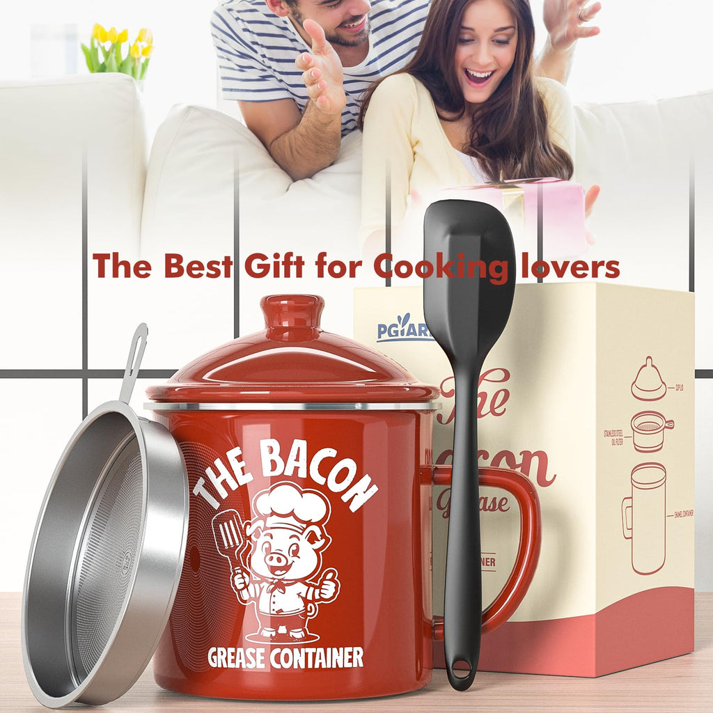 PGYARD Mini Bacon Grease Saver With Strainer - 15OZ Enamel Grease Container, Farmhouse Bacon Grease Keeper For Kitchen Fat Storage, Dishwasher Safe-Red