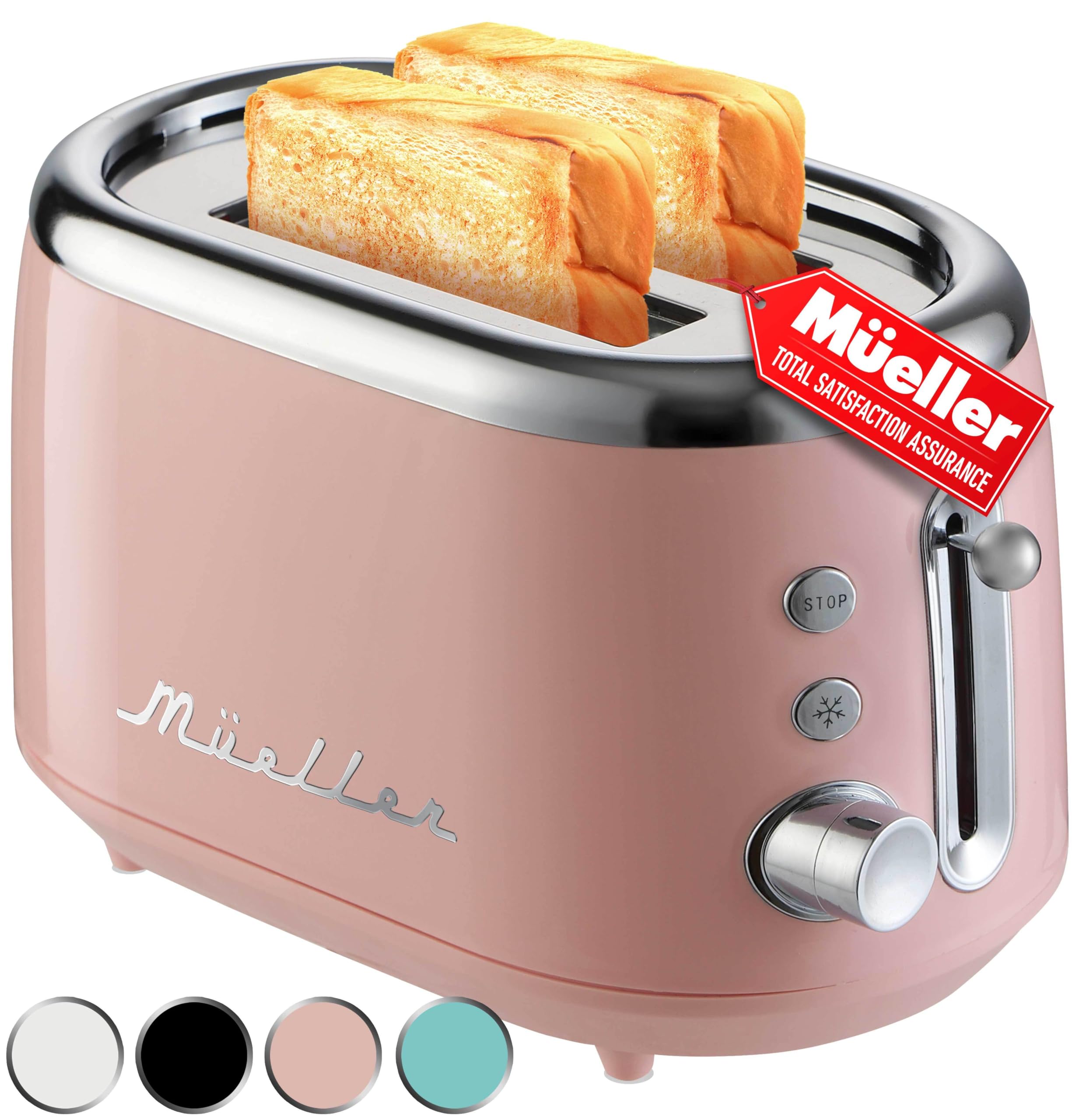 MUELLER HOME Retro Toaster 2 Slice, 7 Browning Levels, 3 Functions (Reheat, Defrost, Cancel), Stainless Steel Features, Removable Crumb Tray, Under Base Cord Storage, Turquoise
