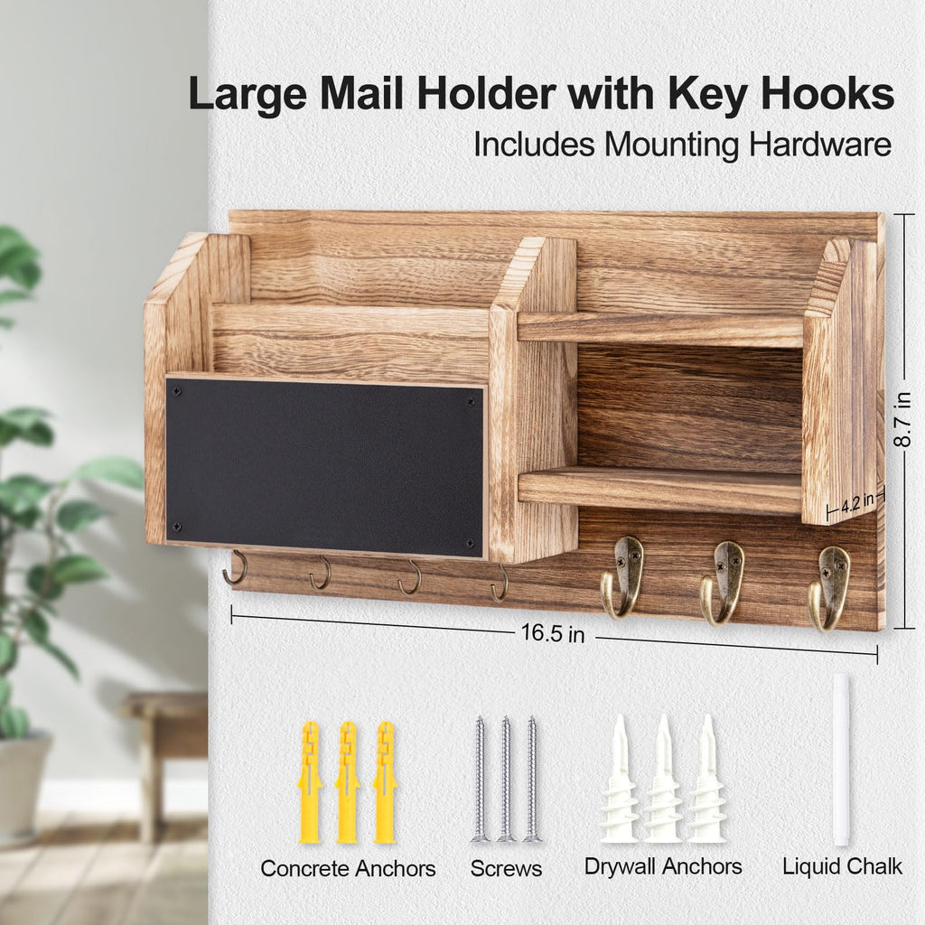Mail and Key Holder – Wall Mount Key Hanger with Shelf and 7 Metal Hooks – Decorative Natural Paulownia Wood Entryway Organizer with Mounting Hardware (16.5”W x 8.7”H x 3.5”D) (Brown)