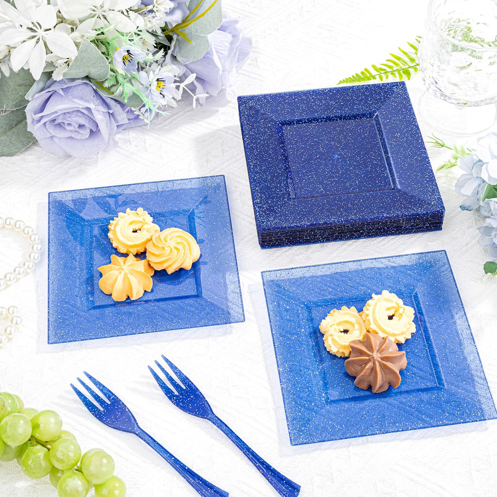 DaYammi 200Pcs Gold Dessert Plates Including 100Pcs Appetizer Plates 6",100Pcs Plastic Forks 5.7",Gold Glitter Plastic Square Plate for Party,Gold Salad Plate and Cake Forks for Party Wedding