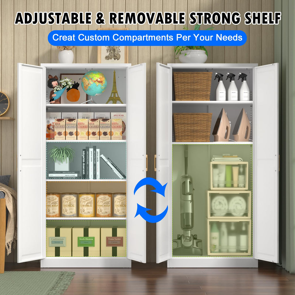 Polup White Kitchen Pantry Cabinet, 71 Inch Tall Metal Storage Cabinet with Doors and Shelves, Pantry Cabinets for Kitchen Storage, Freestanding Cupboard for Living, Dining Room, Assemble Required