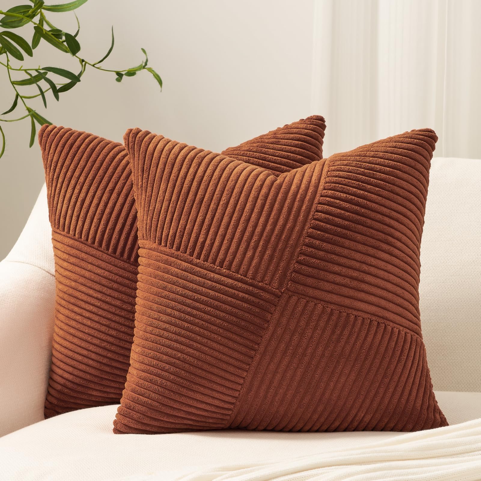 Topfinel Olive Green Decorative Throw Pillow Covers Set of 2 18x18 Inches for Couch Bed Sofa, Boho Aesthetic Home Decor, Soft Corduroy Striped Patchwork Windmill Textured Cushion Cases 45x45 cm