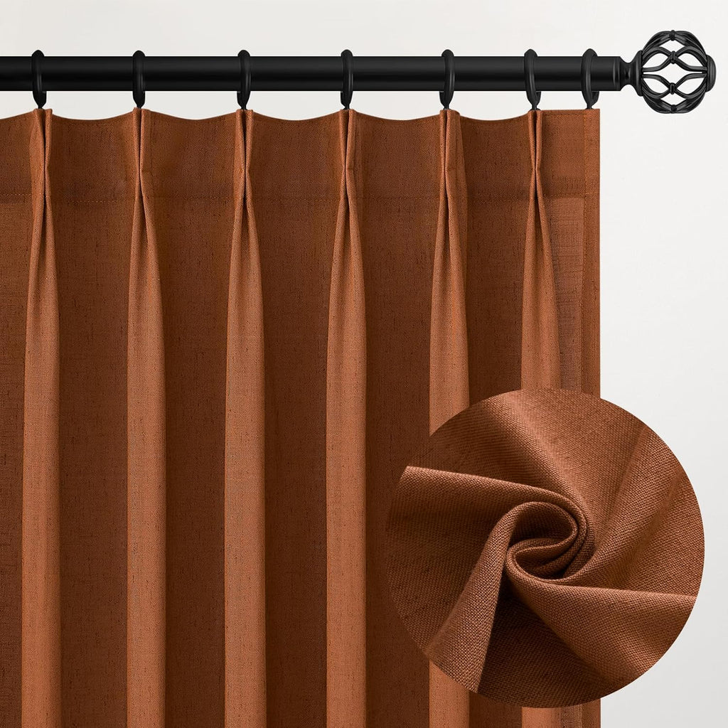 96 Inches Long Pleated Sheer Curtains,Dark Linen Blended Light Filtering Window Curtains 96 Length 2 Panels for Living Room Bedroom Pinch Pleat Drapes with Hooks 2 Panels 40" Wx96 L,Light Brown