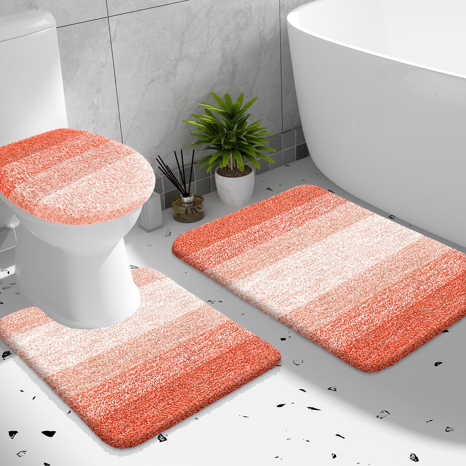 OLANLY Bathroom Rugs Sets 3 piece, Soft Microfiber Absorbent Bath Mat, U-Shaped Contour Toilet Mat and Toilet Lid Cover, Quick Dry, Machine Washable, Toilet Cover and Rug Set for Bathroom, Grey