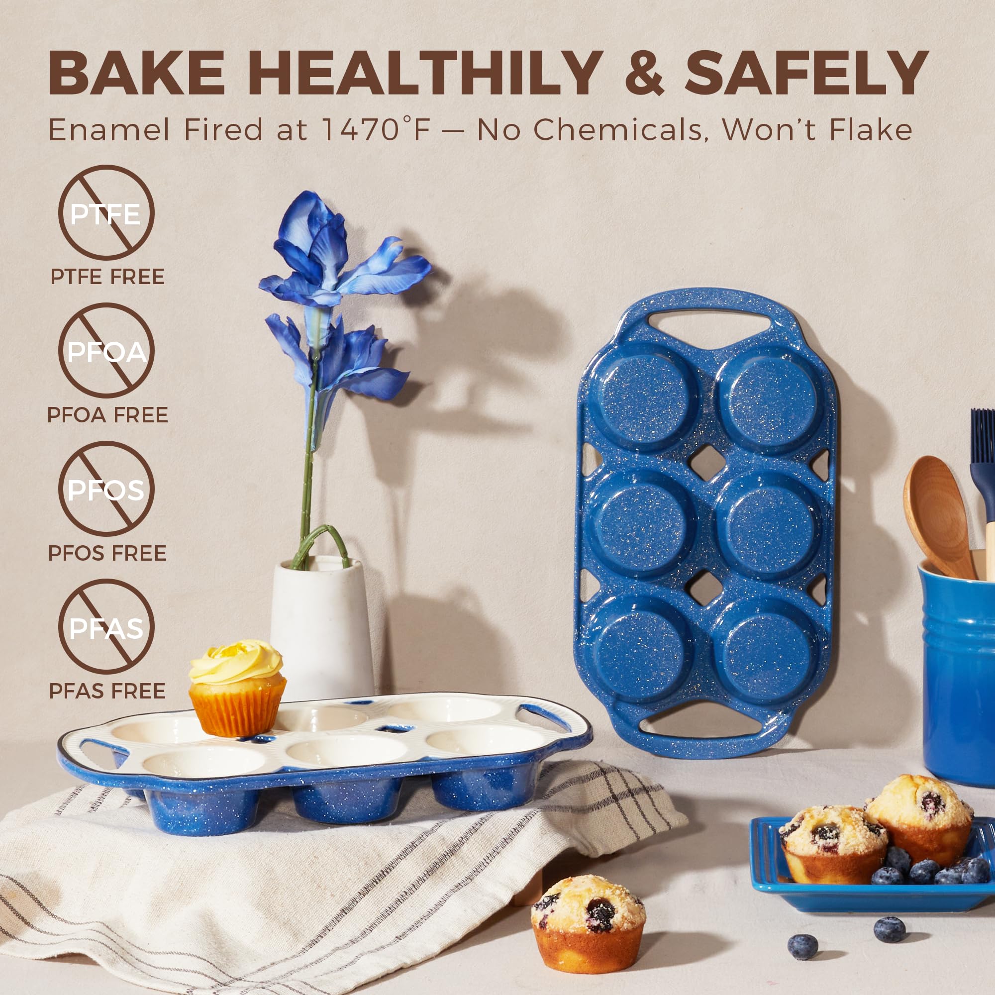 HONGBAKE Everline Collection Enameled Cast Iron Muffin Pan, Non Tocix Naturally Muffin Tin 6, Non Stick Cup Cake Pans for Baking, Oven & Stovetop Safe, Standard Size, 2 Pack, Blue