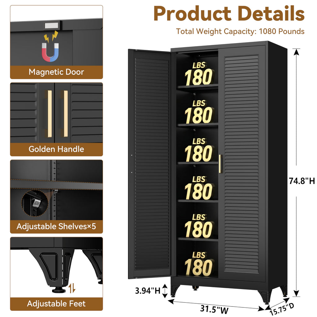 Polup White Kitchen Pantry Cabinet, 71 Inch Tall Metal Storage Cabinet with Doors and Shelves, Pantry Cabinets for Kitchen Storage, Freestanding Cupboard for Living, Dining Room, Assemble Required