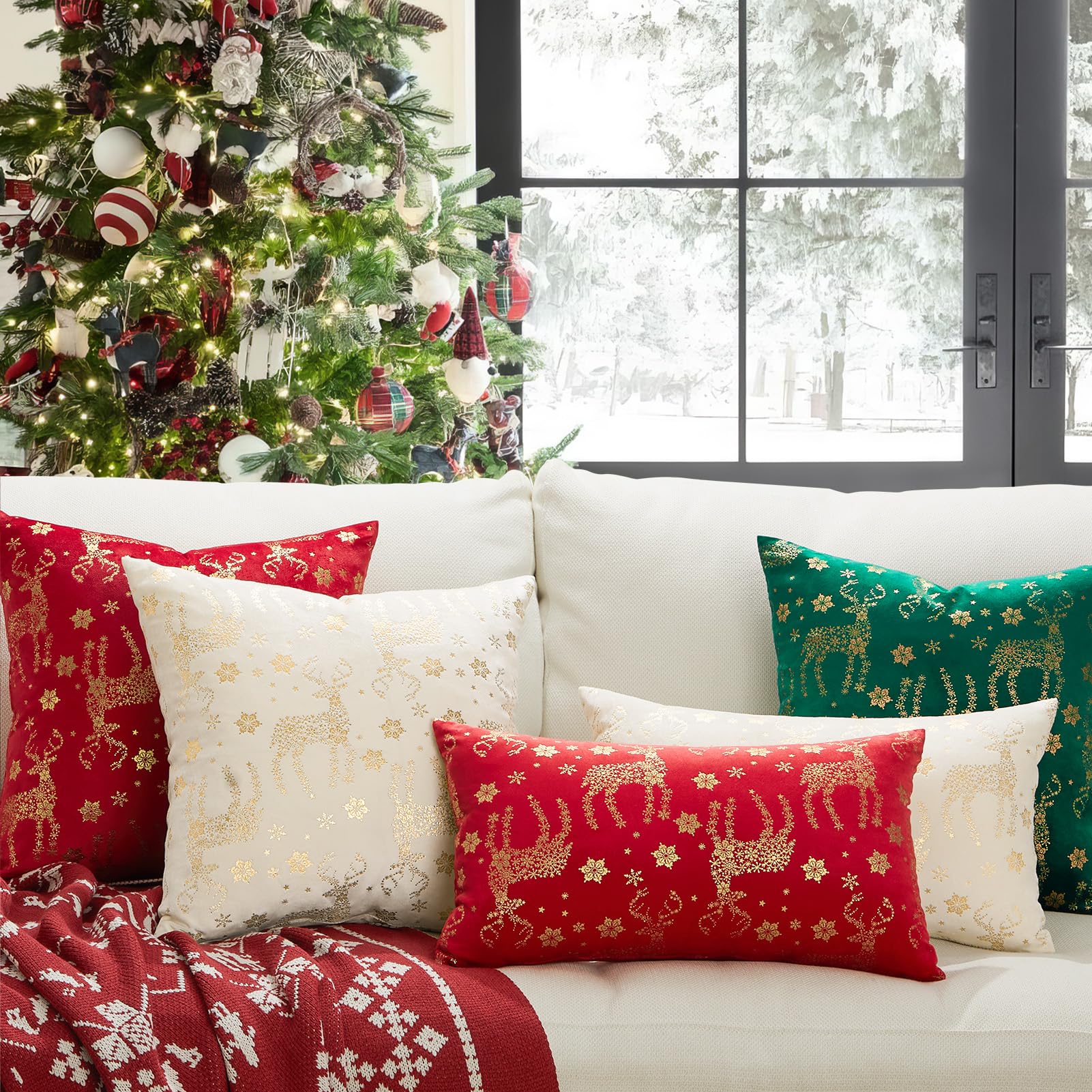 Topfinel Christmas Pillow Covers 18x18 Set of 2,Xmas Cream Velvet Snowflake Reindeer Decorative Pillow Case Winter Holiday Decor for Home Couch,White and Gold