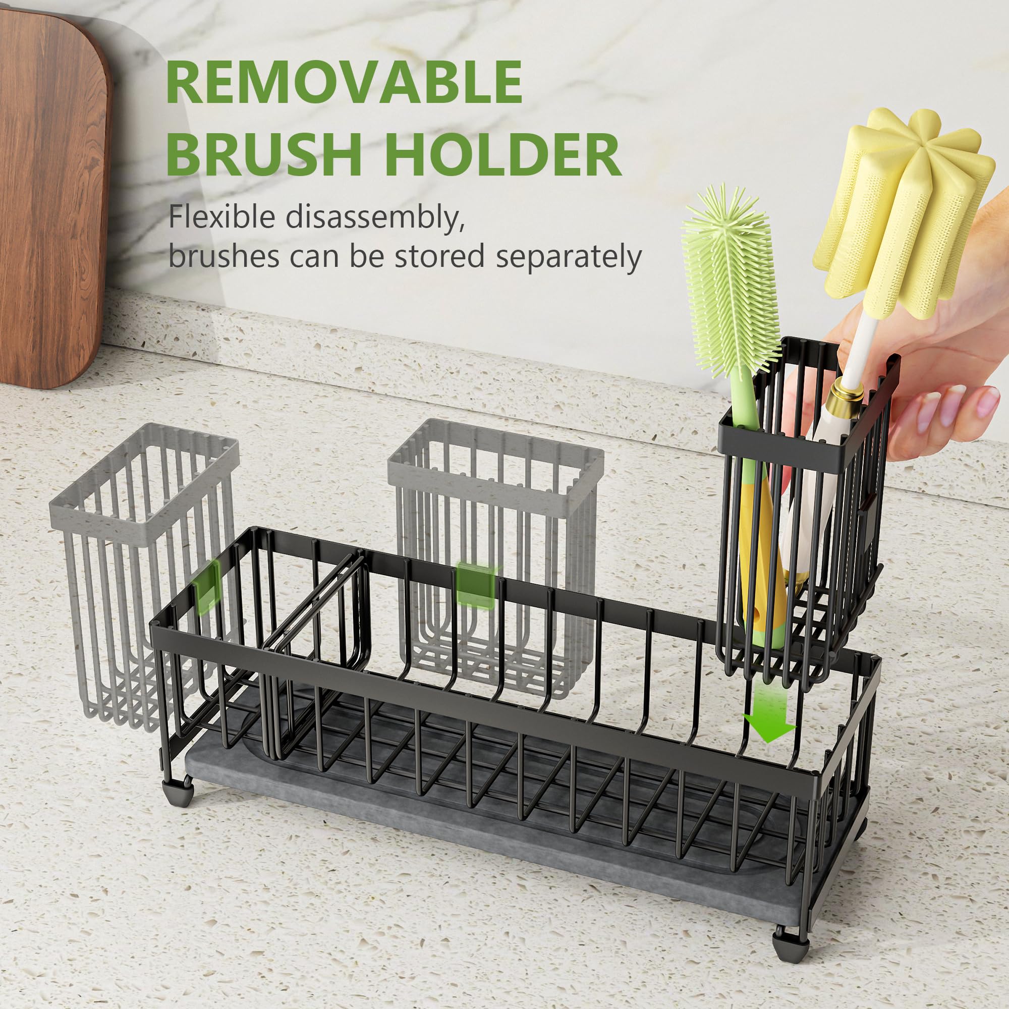 Cisily Extra Large Sink Caddy Organizer with Drying Stone, Black Sponge Holder for Kitchen, Dish Brush Holder for Countertop, Kitchen Decor Storage and Essentials