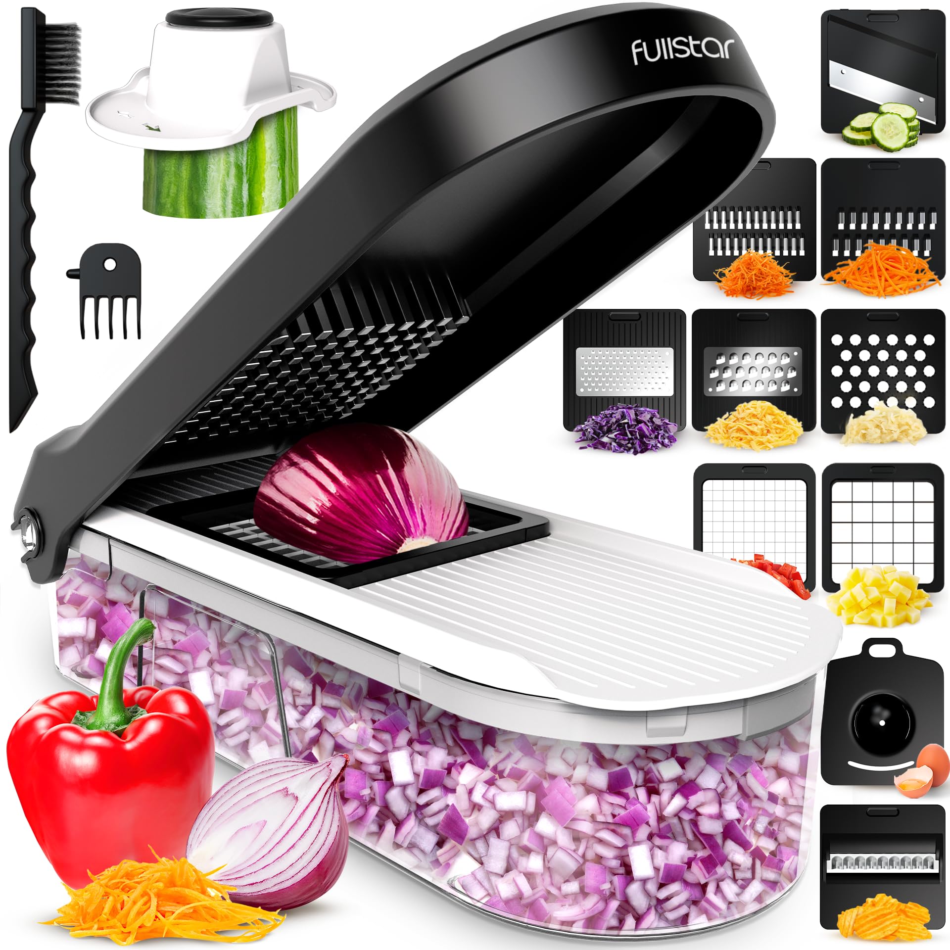 Fullstar Mandoline Slicer for Kitchen - Vegetable Chopper, Onion Potato Food Veggie Fruit Slicer and Cutter with Container, Kitchen Gadgets & Gifts, Home Essentials (6-in-1, White/Black)
