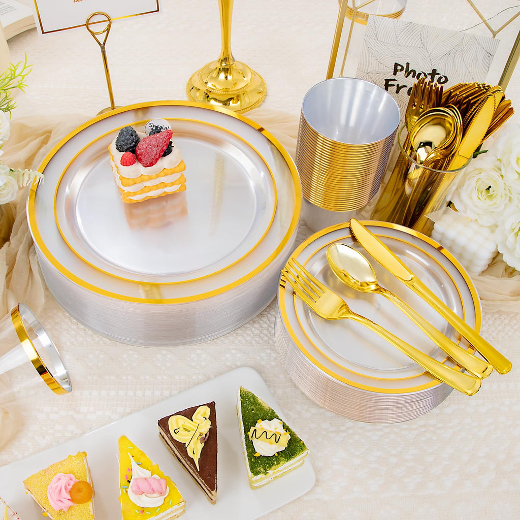 WELLIFE 600 PCS Silver Disposable Dinnerware Set for 100 Guests, Wedding Reception Plates & Silver Plastic Tableware, Dinner & Salad Plates, Cups, Forks, Knives & Spoons for Weddings & Elegant Events