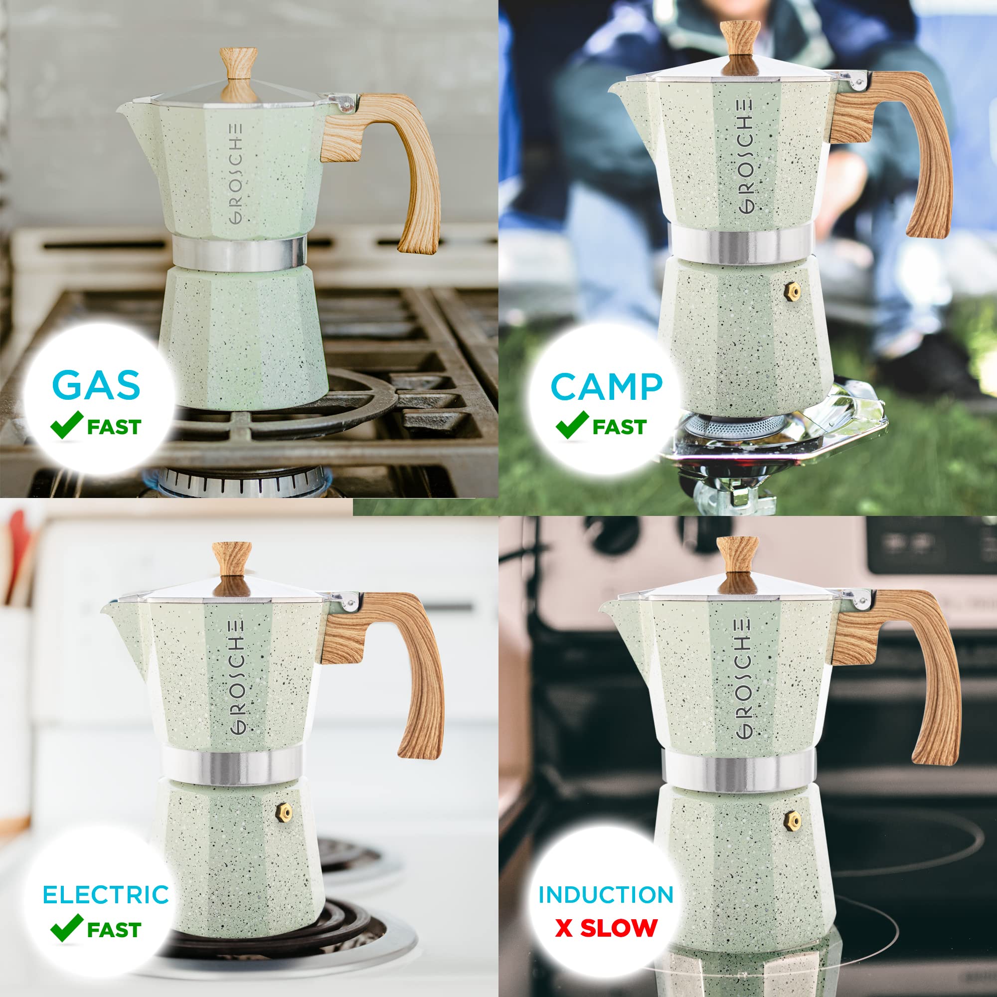 GROSCHE Milano Moka pot, Stovetop Espresso maker, Greca Coffee Maker, Stovetop coffee maker and espresso maker percolator (Grey, 6 cup)