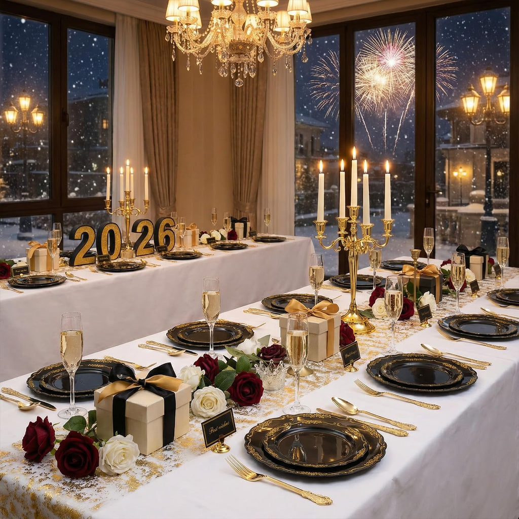 DaYammi 150Pcs Ivory Plastic Plates with Gold Rim,Disposable Plastic Plates Include 30 Dinner Plate,30 Salad Plate,30 Forks,30 Spoons,30 Knives,Ivory and Gold Plates for Party,Wedding,Mother's Day