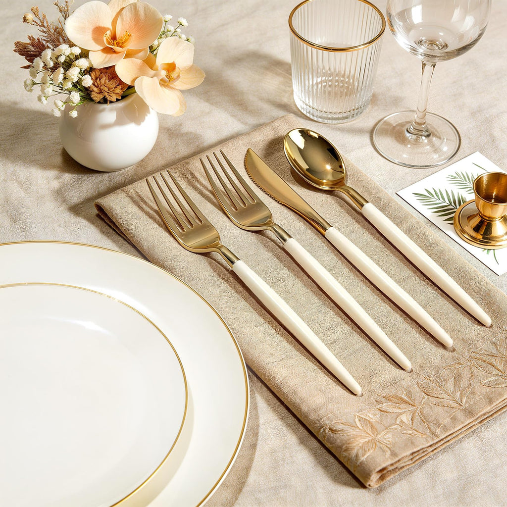 DaYammi 150Pcs Ivory Plastic Plates with Gold Rim,Disposable Plastic Plates Include 30 Dinner Plate,30 Salad Plate,30 Forks,30 Spoons,30 Knives,Ivory and Gold Plates for Party,Wedding,Mother's Day