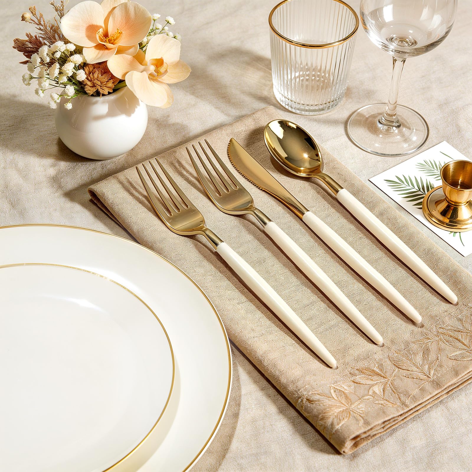 DaYammi 150Pcs Ivory Plastic Plates with Gold Rim,Disposable Plastic Plates Include 30 Dinner Plate,30 Salad Plate,30 Forks,30 Spoons,30 Knives,Ivory and Gold Plates for Party,Wedding,Mother's Day
