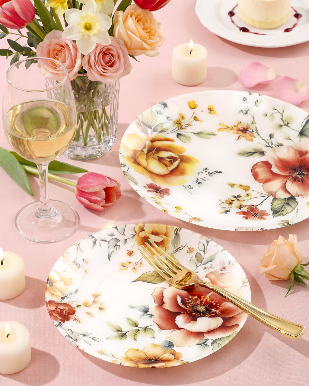 Morejoy 60Pcs Brown Plastic Plates,Brown Disposable Plates With Gold Rim, Gold Party Dinnerware Set Include 30 Dessert plates,30 Dinner plates for Party & Wedding