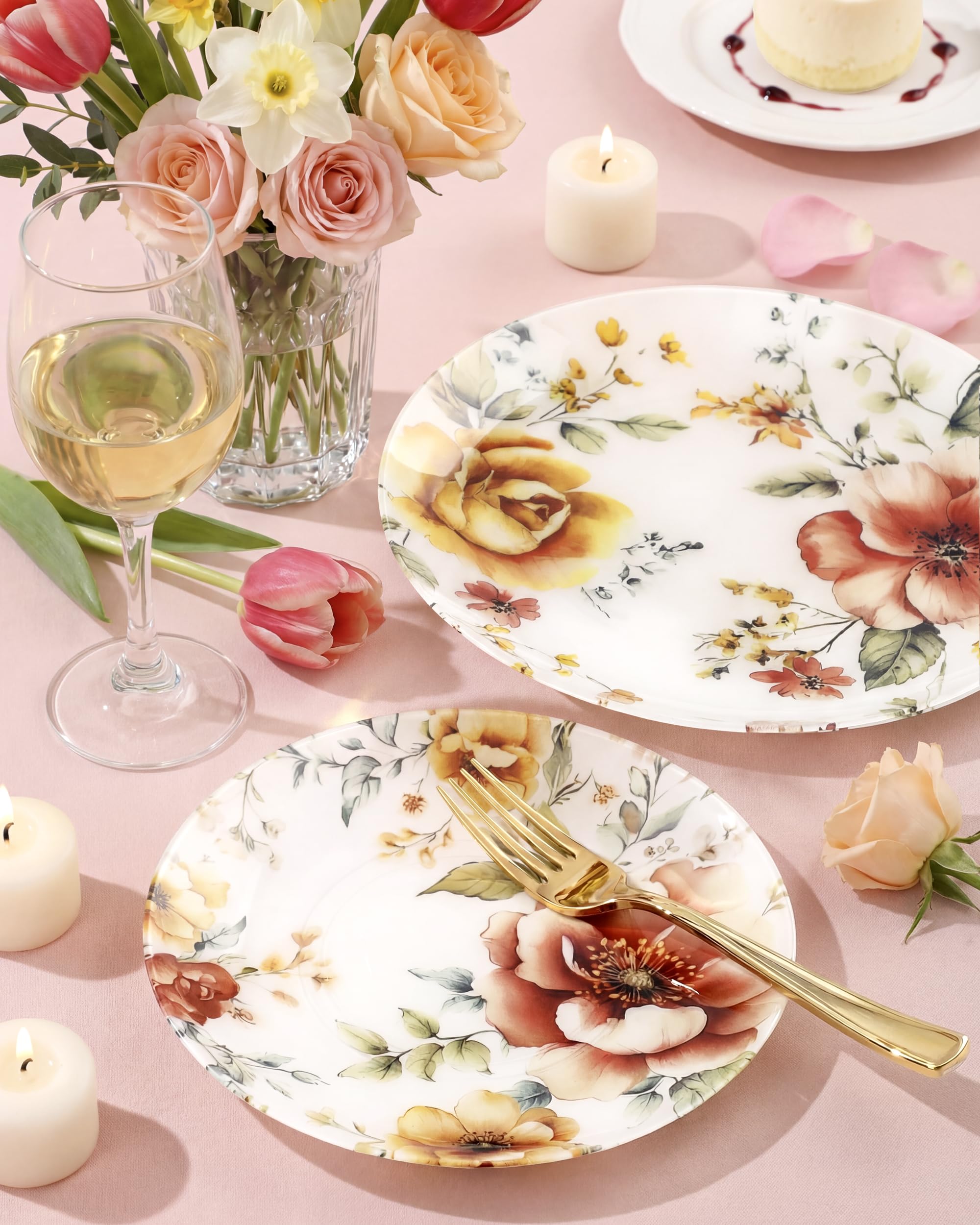 Morejoy 60Pcs Brown Plastic Plates,Brown Disposable Plates With Gold Rim, Gold Party Dinnerware Set Include 30 Dessert plates,30 Dinner plates for Party & Wedding