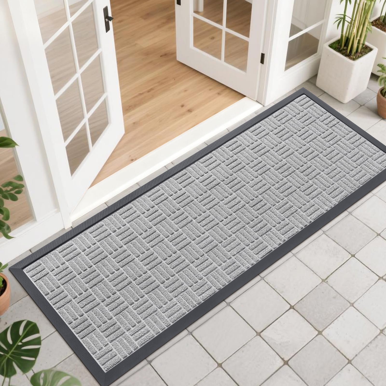 OLANLY Front Door Mat Outside Entrance 29.5x17, Absorbent, Heavy Duty Sturdy Natural Rubber Doormat Indoor Outdoor, Stain and Fade Resistant, Non-Slip Backing Low Profile Floor Mat for Entryway, Grey