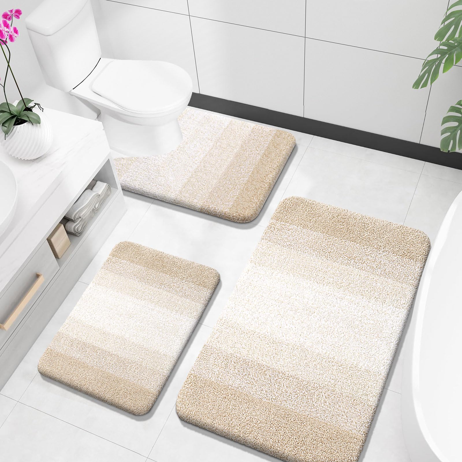 OLANLY Bathroom Rugs Sets 3 Piece, Soft Absorbent Microfiber Bath Mats and U-Shaped Contour Toilet Rug, Machine Wash Dry, Plush Shaggy Bath Mat Set for Bathroom (30"x20"+24"x16"+24"x20", Grey)