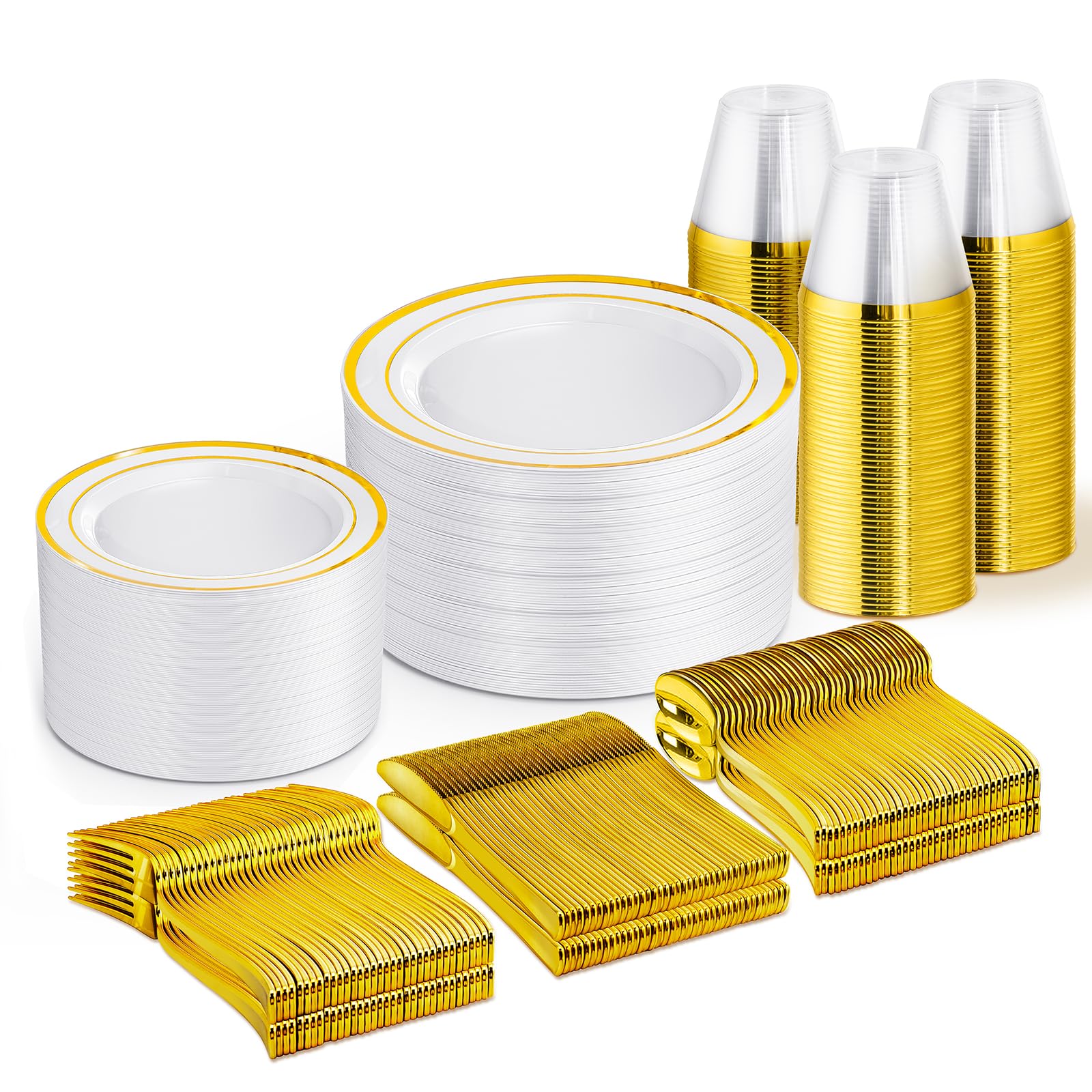 WELLIFE 600 PCS Silver Disposable Dinnerware Set for 100 Guests, Wedding Reception Plates & Silver Plastic Tableware, Dinner & Salad Plates, Cups, Forks, Knives & Spoons for Weddings & Elegant Events