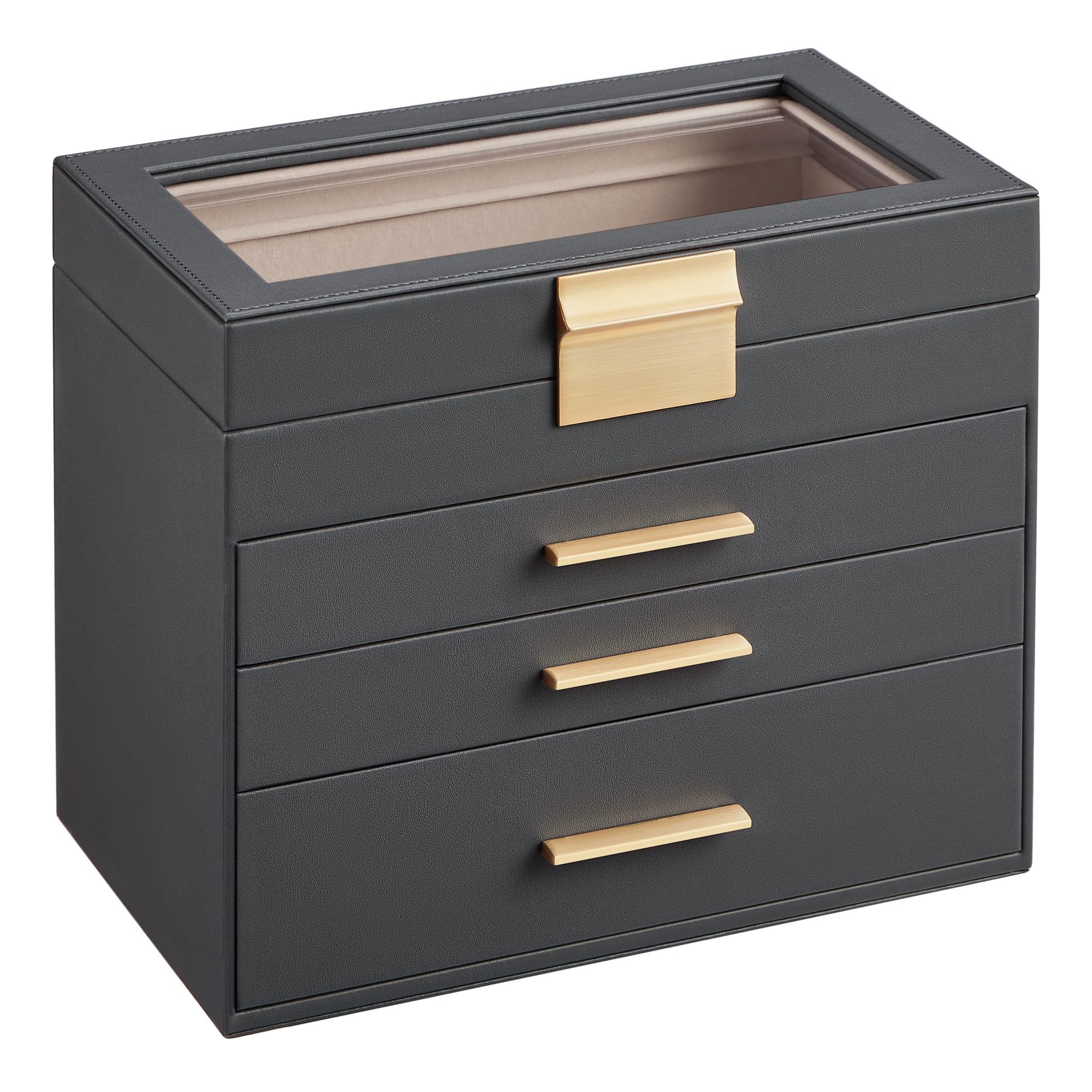 SONGMICS GISELLA Collection - Jewelry Box Organizer, 3-Layer Jewelry Storage with 2 Drawers, Shiny Metal Hardware, Glass Lid, Modern, 8 x 9.1 x 5.3 Inches, Cloud White and Gold Color UJBC239WT