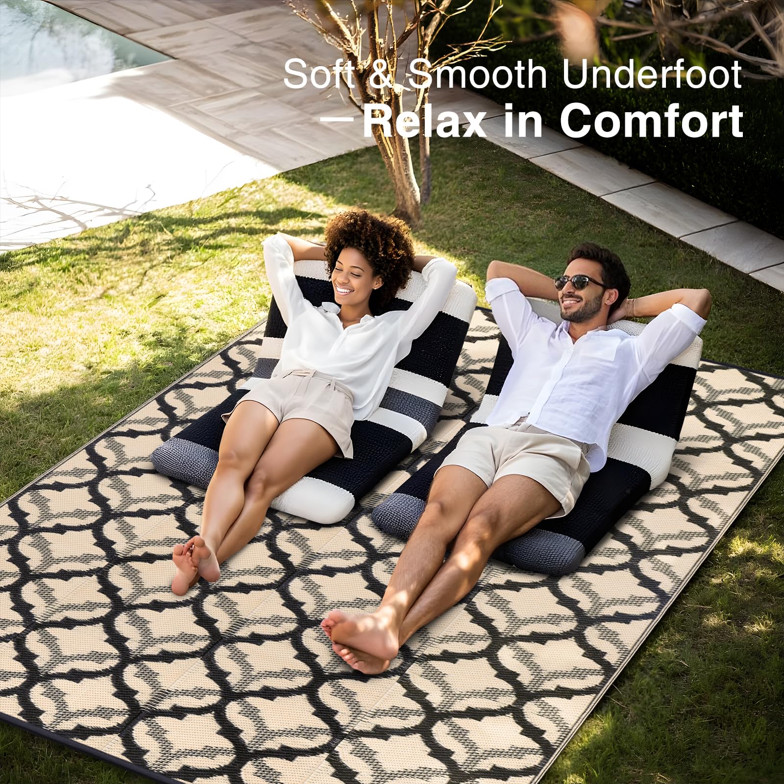OLANLY Waterproof Outdoor Rug 5x8 ft, Outdoor Plastic Straw Rug for Camping, RV Mat Outside, Indoor Outdoor Carpet for Porch, Deck, Backyard, Balcony, Picnic, Black & White