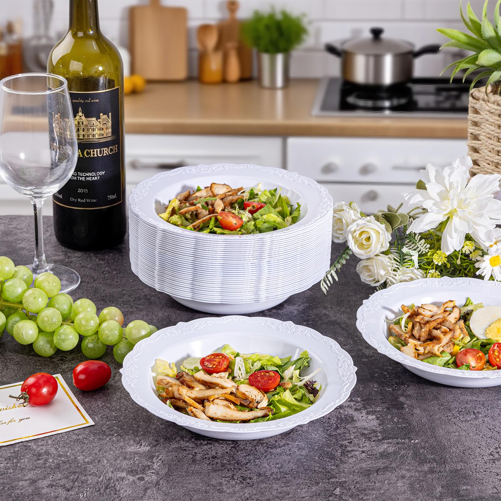 DaYammi 50 Pack White Plastic Bowls, 12oz Disposable Soup Bowls, White bowls Disposable Heavy Duty Dinner Bowls for Weddings, Salad Bowl for Parties, Dinners, Catering and Everyday Use