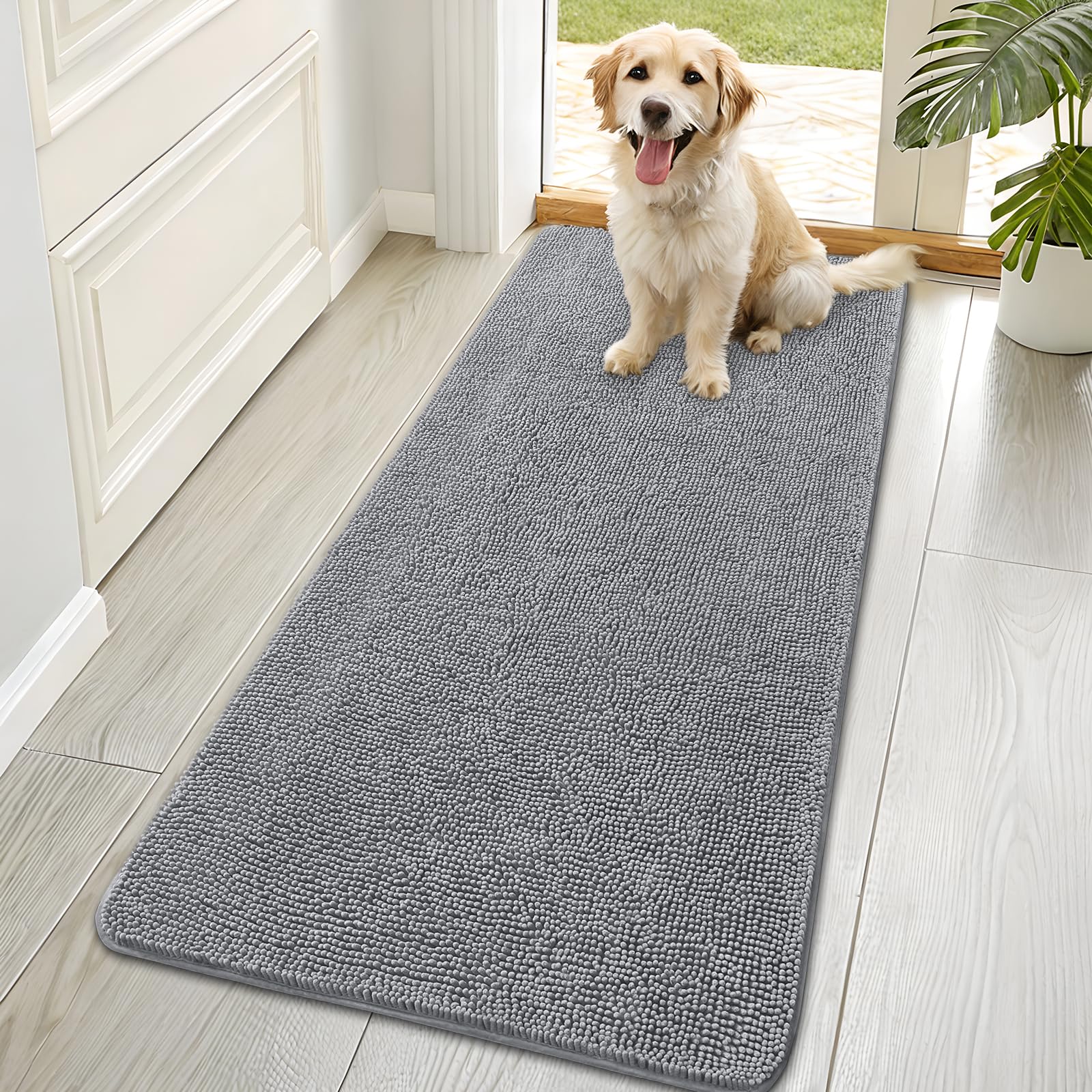 OLANLY Dog Door Mat for Muddy Paws 30x20, Absorbs Moisture and Dirt, Absorbent Non-Slip Washable Doormat, Quick Dry Chenille Mud Mat for Dogs, Entry Indoor Entryway Carpet for Inside Floor, Grey