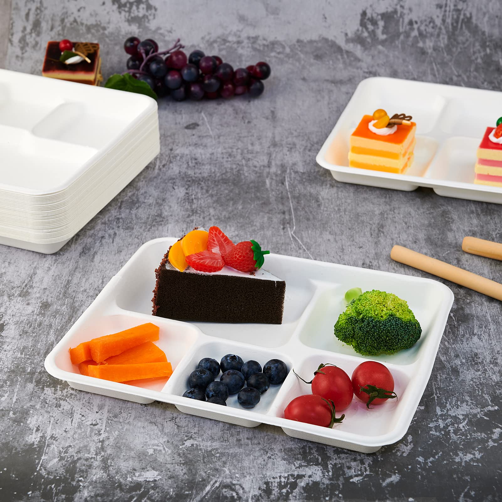 Vplus 100% Compostable 6 Compartment Plates, 90 Pack Compartment Paper Plate, 12.5x8.6 inch Disposable School Lunch Trays, Eco-Friendly Bagasse Plates for School Lunch, Buffet, and Party
