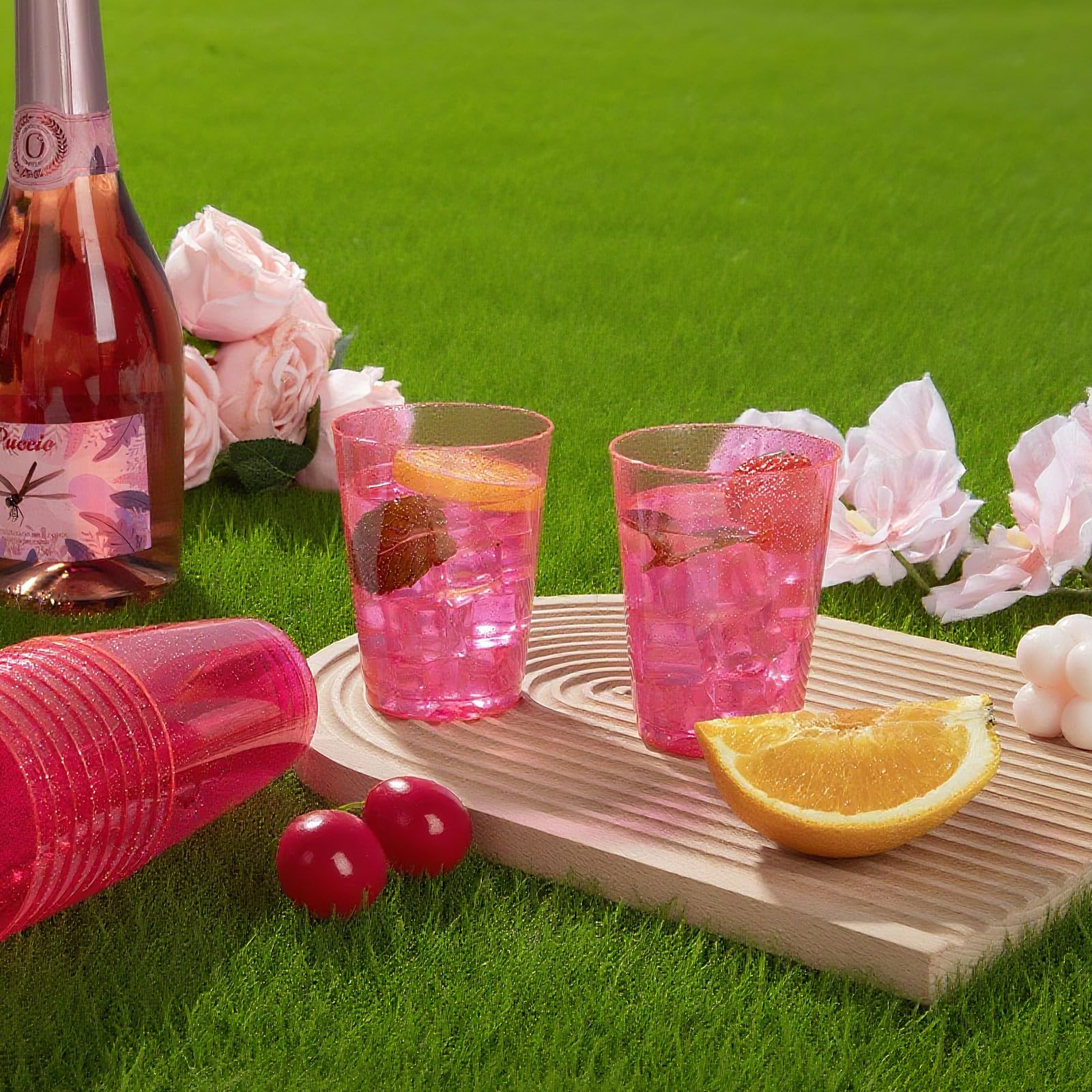 DaYammi 100 Pack 10oz Pink Plastic Cups for Party Premium Glitter Disposable Plastic Cup for Martini and Cocktail, Hard Pink Disposable Cups for Wedding,pink cups for Mother's Day Party