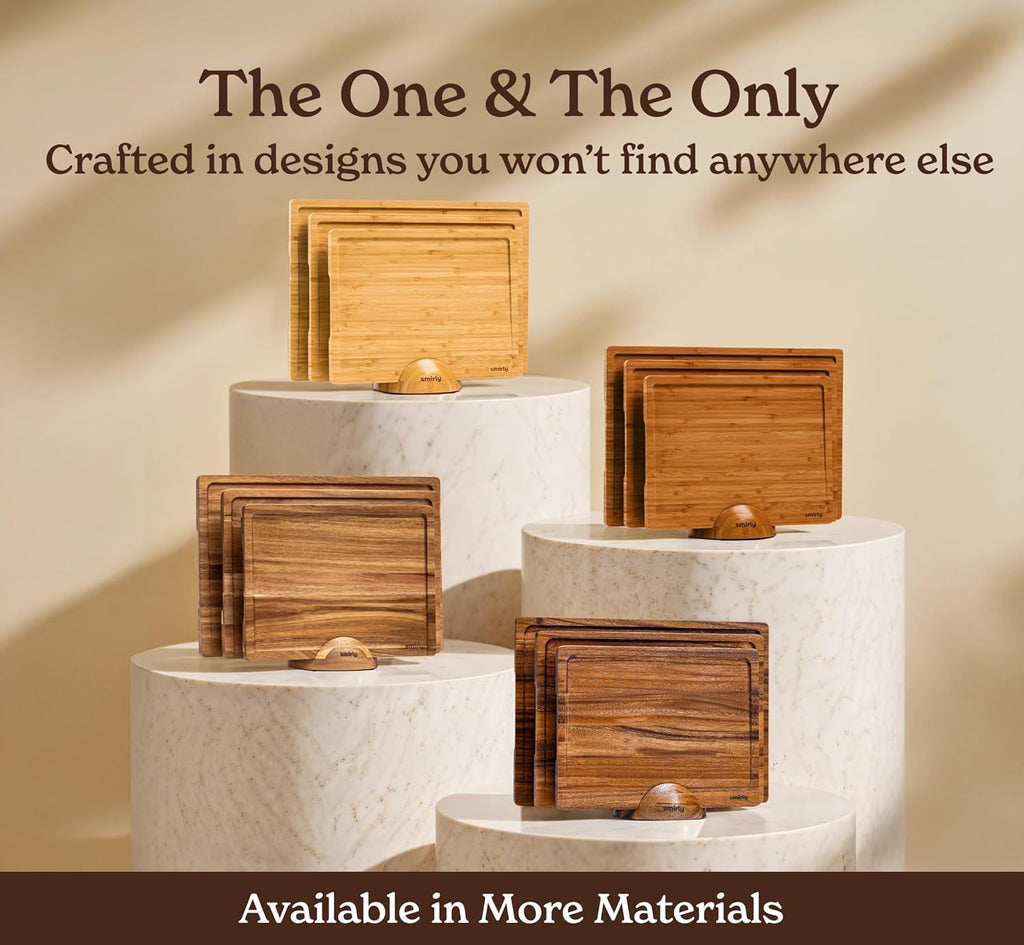 SMIRLY Wooden Cutting Boards For Kitchen Meal Prep & Serving - Bamboo Cutting Board Set with Holder, Charcuterie & Chopping Board, Wood Cutting Board Set, Kitchen Gadgets