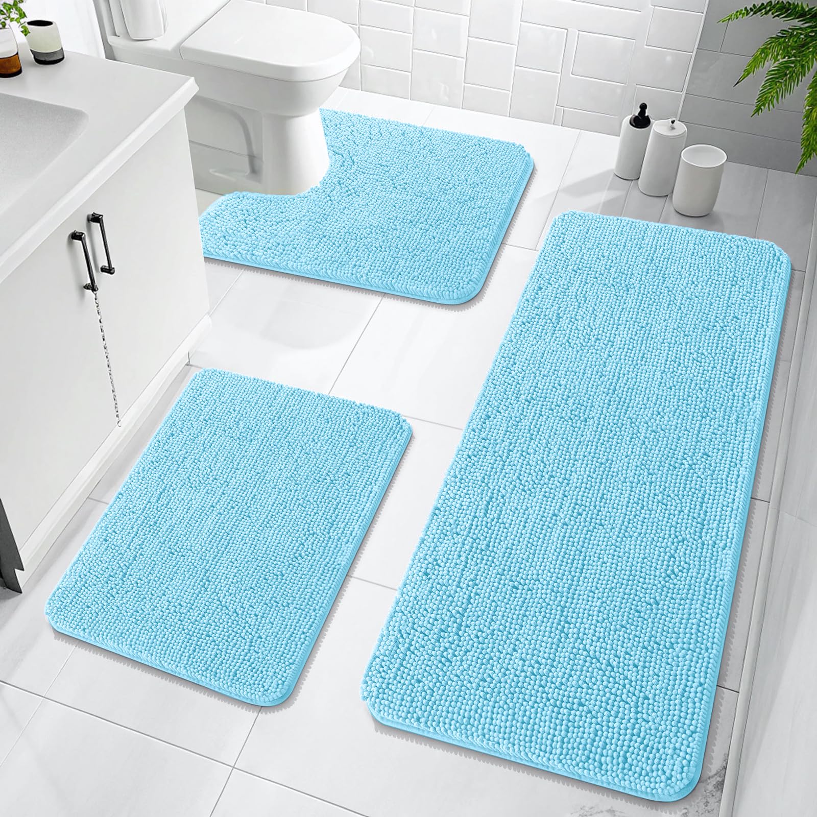 OLANLY Bathroom Rugs Sets 3 Piece, Soft Absorbent Chenille Bath Mats and U-Shaped Contour Toilet Rug, Quick Dry, Home Decor Accessories, Bath Mat Set for Bathroom (30"x20"+24"x16"+24"x20", Grey)
