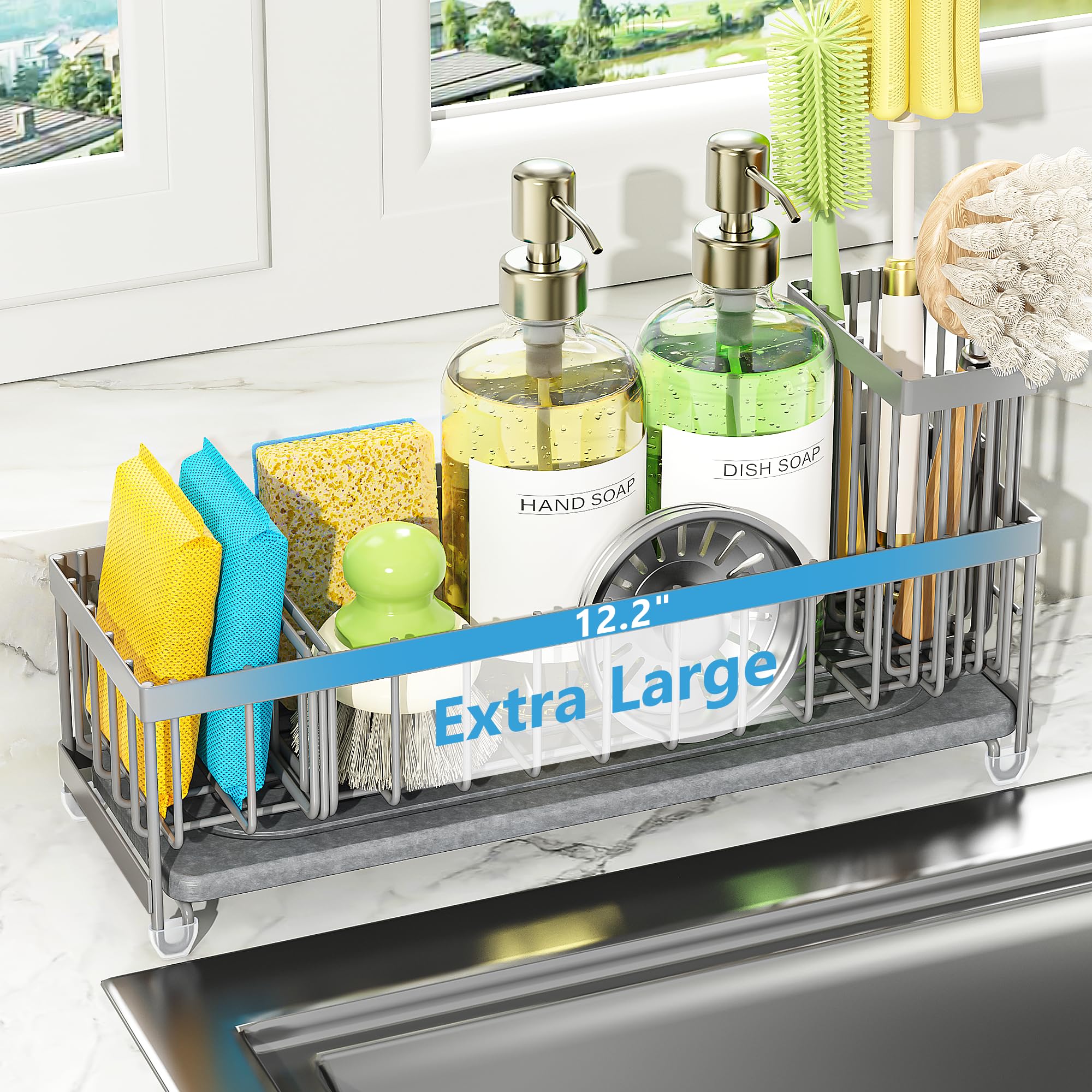 Cisily Extra Large Sink Caddy Organizer with Drying Stone, Black Sponge Holder for Kitchen, Dish Brush Holder for Countertop, Kitchen Decor Storage and Essentials