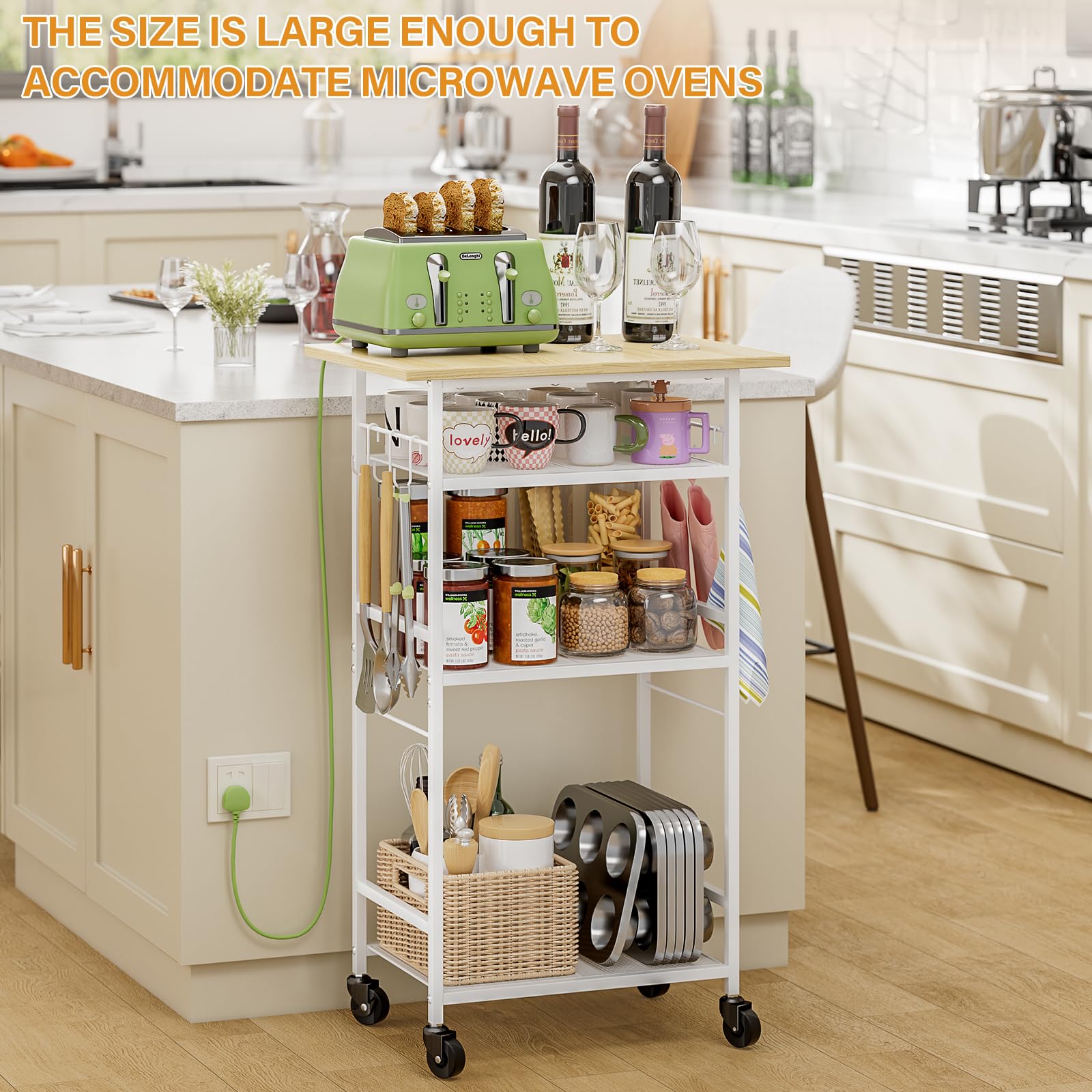 ThreeHio Rolling Kitchen Microwave Cart, 3 Tier Microwave Table Stand with Adjustable Shelf, Kitchen Storage Rack on Wheels, Coffee Station Cart Rack Shelf Organizer for Living Room Office, Balcony