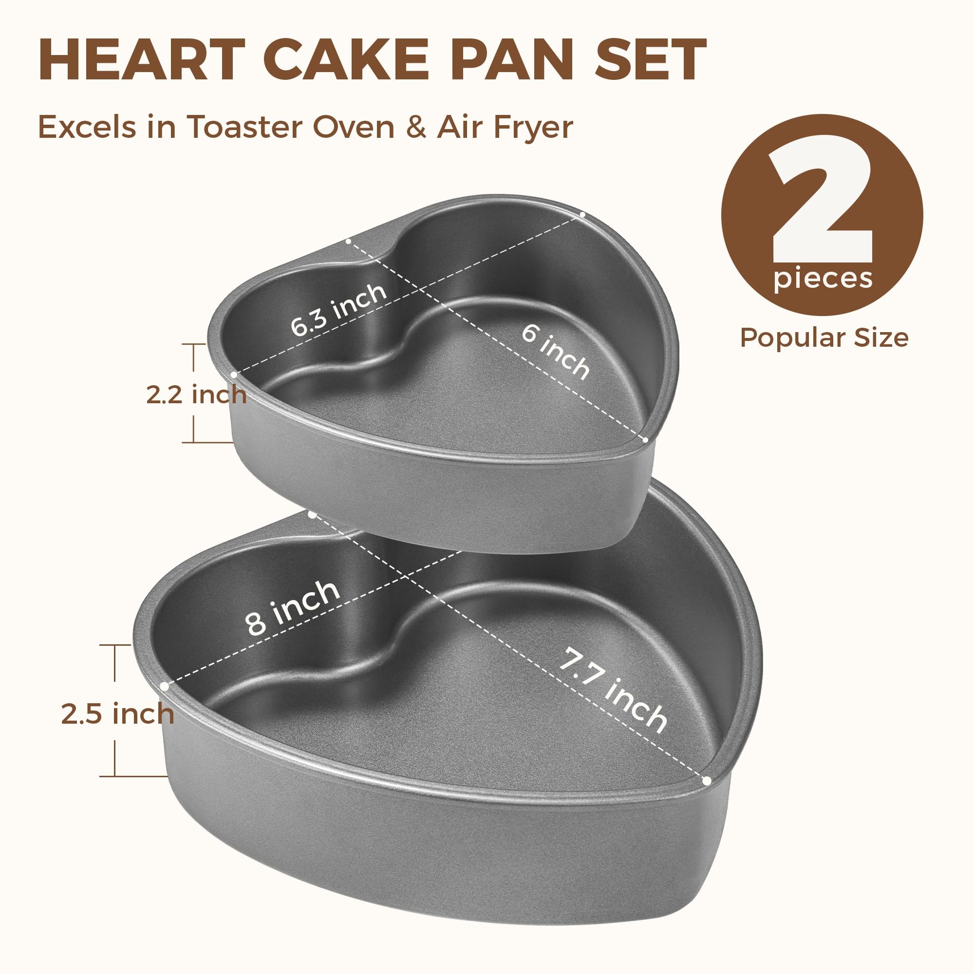 HONGBAKE Heart Shaped Cake Pan, Nonstick 8 & 6 inch Cheesecake Pans Set, Heart Shape Layer Cake Mold, Baking Tin for Valentine's Day, Weddings, 2 Pieces, Heavy Duty, Grey