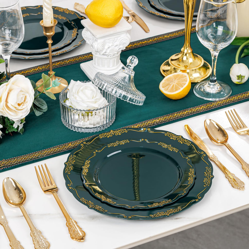 DaYammi 150Pcs Ivory Plastic Plates with Gold Rim,Disposable Plastic Plates Include 30 Dinner Plate,30 Salad Plate,30 Forks,30 Spoons,30 Knives,Ivory and Gold Plates for Party,Wedding,Mother's Day
