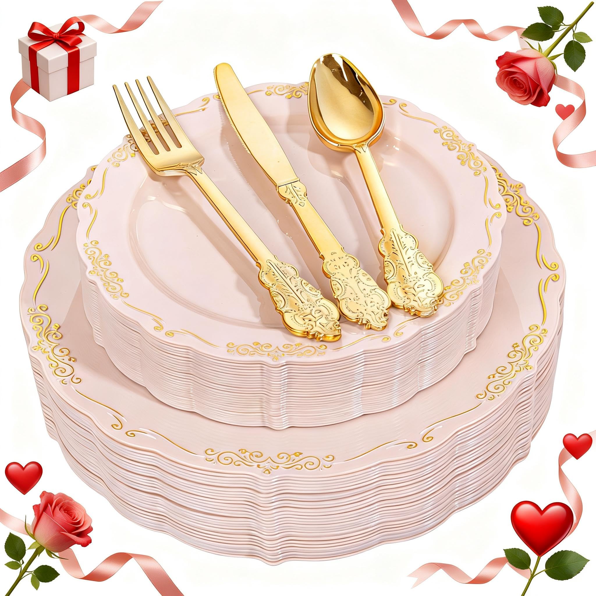 DaYammi 150Pcs Ivory Plastic Plates with Gold Rim,Disposable Plastic Plates Include 30 Dinner Plate,30 Salad Plate,30 Forks,30 Spoons,30 Knives,Ivory and Gold Plates for Party,Wedding,Mother's Day