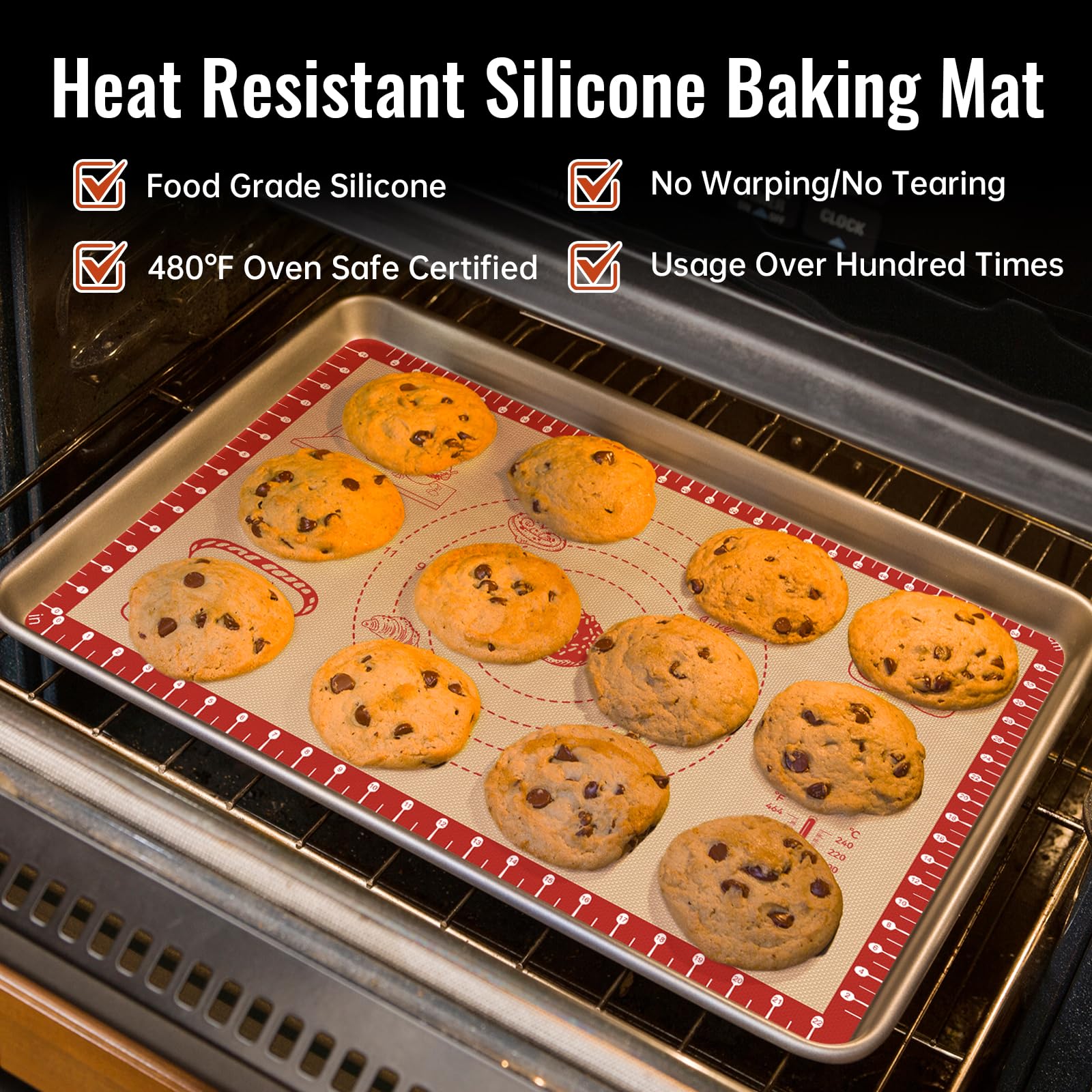 Silicone Baking Mat with Recipes, Extra Thick Silicone Mats for Baking, Non Stick Pastry Mat for Rolling Dough, Silicone Macaron Baking Mat for Cookie,Bread,Pizza,Fondant Mat, Oven&Dishwasher Safe