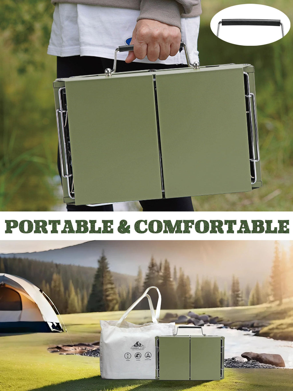 Charmline 14 x 9 inches Portable Charcoal BBQ Grill, Foldable Compact Camping Barbecue for 1–3 People, Ideal for Garden, Beach, Picnic & Tabletop Use, Green