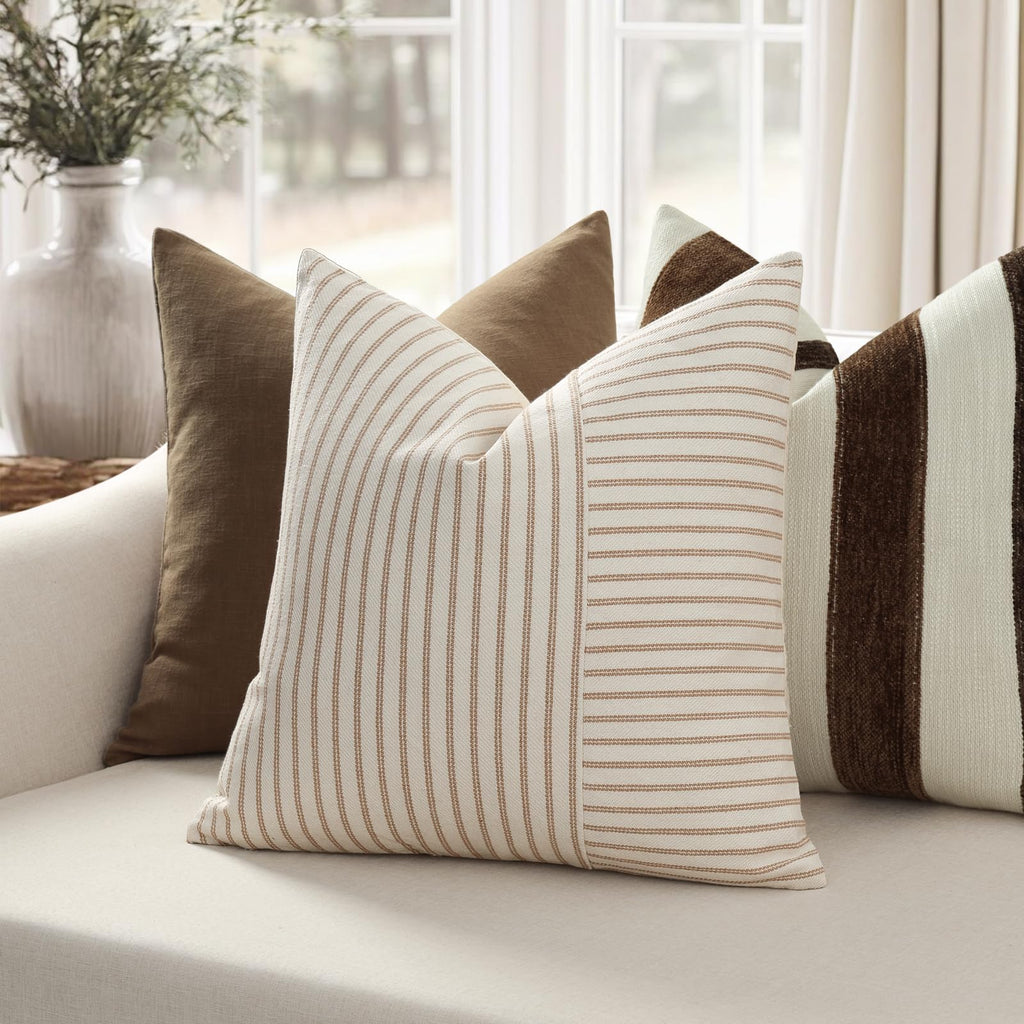 YCOLL Farmhouse Pillow Covers 18x18, Modern Accent Square Throw Pillow Covers Set of 2, Gray and Beige Striped Patchwork Linen Decorative Pillows Cushion Covers for Couch Chair Bedroom Home Decor
