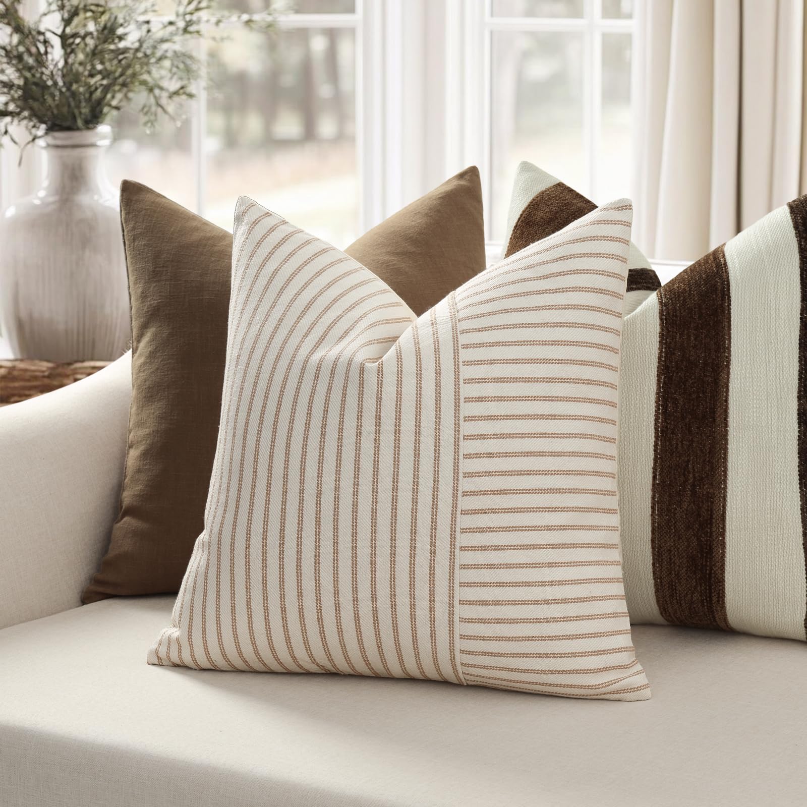 YCOLL Farmhouse Pillow Covers 18x18, Modern Accent Square Throw Pillow Covers Set of 2, Gray and Beige Striped Patchwork Linen Decorative Pillows Cushion Covers for Couch Chair Bedroom Home Decor
