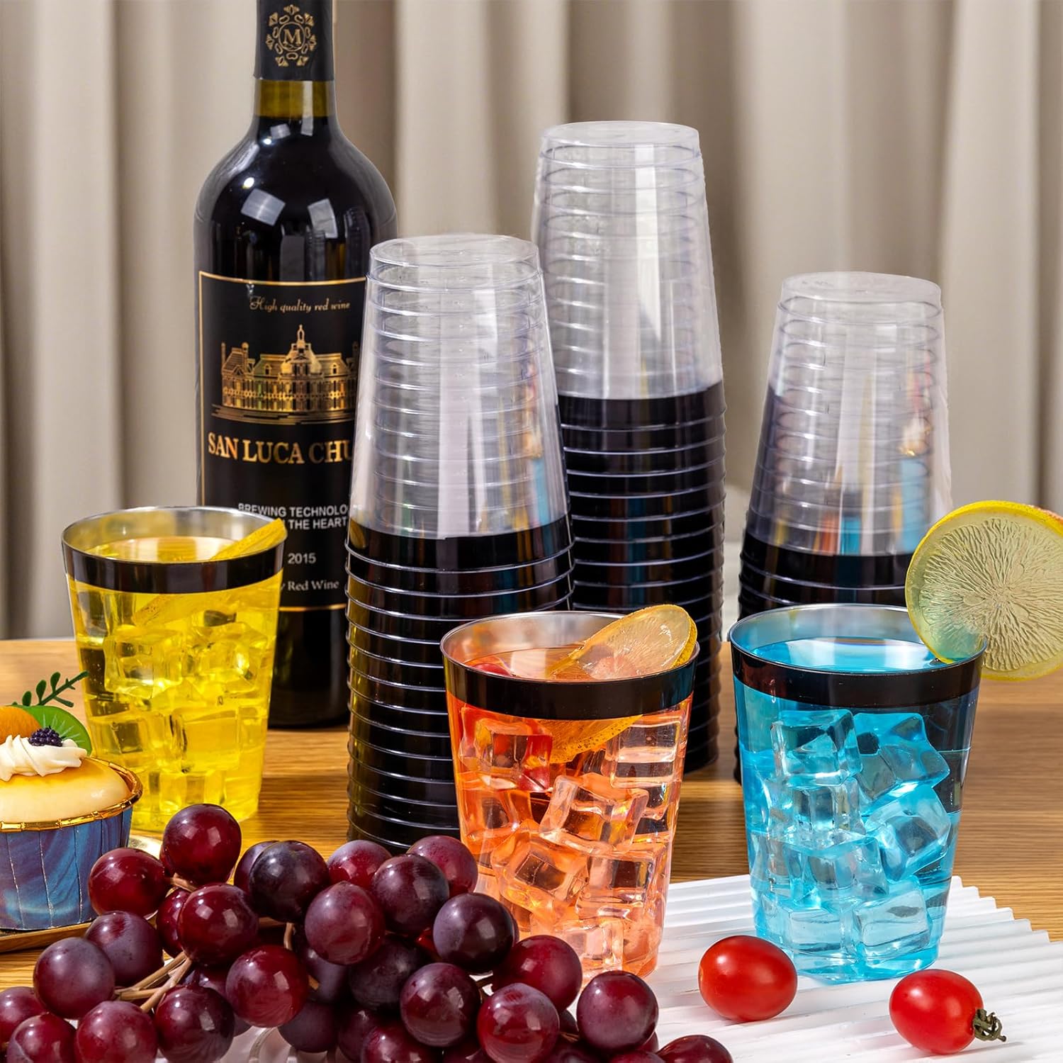 DaYammi 150Pcs Black Gold Plastic Plates & Silverware and 100 Pack Black Plastic Cups 10Oz Clear Disposable Cups with Black Rim for Party,Wedding and special days