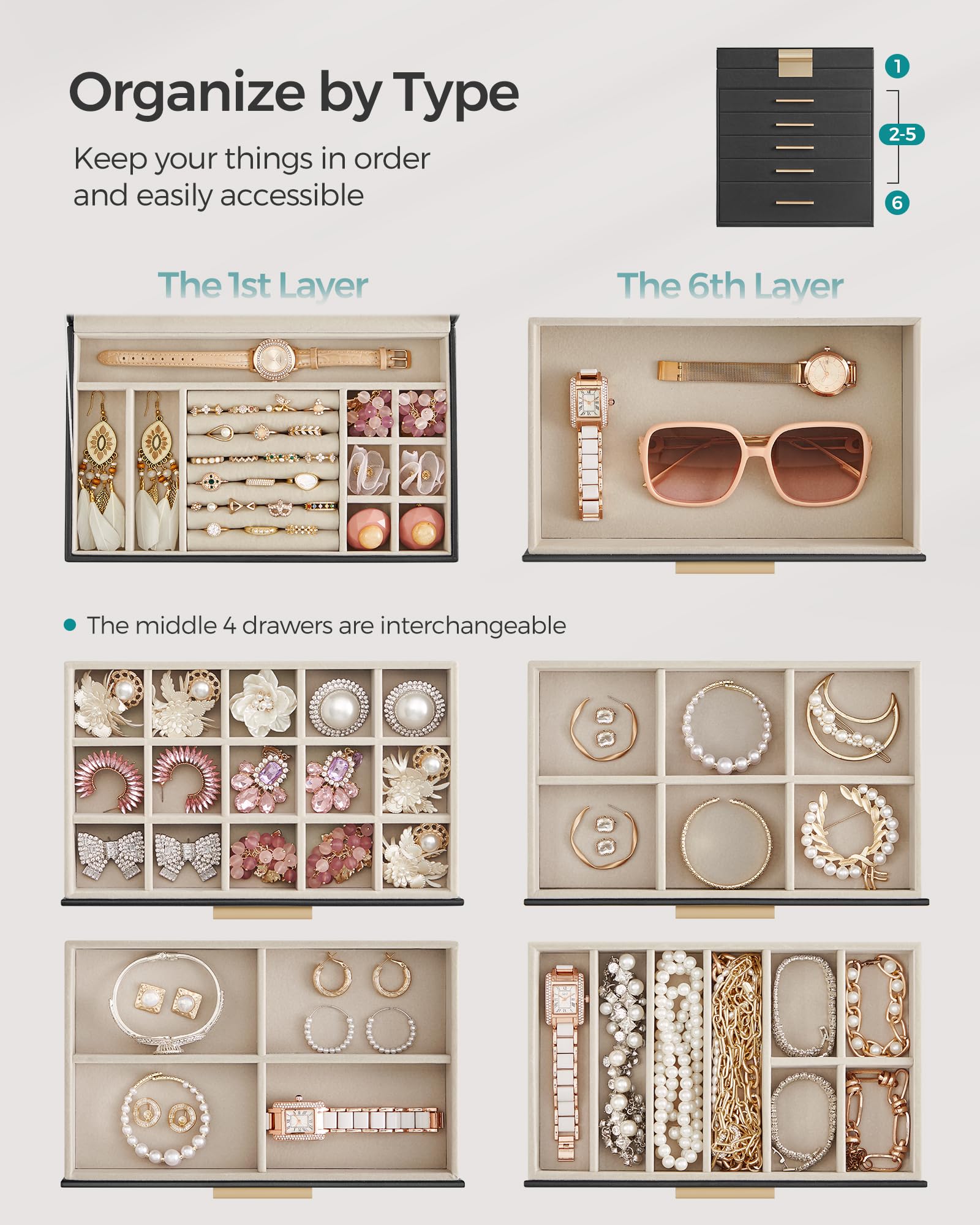 SONGMICS GISELLA Collection - Jewelry Box Organizer, 3-Layer Jewelry Storage with 2 Drawers, Shiny Metal Hardware, Glass Lid, Modern, 8 x 9.1 x 5.3 Inches, Cloud White and Gold Color UJBC239WT