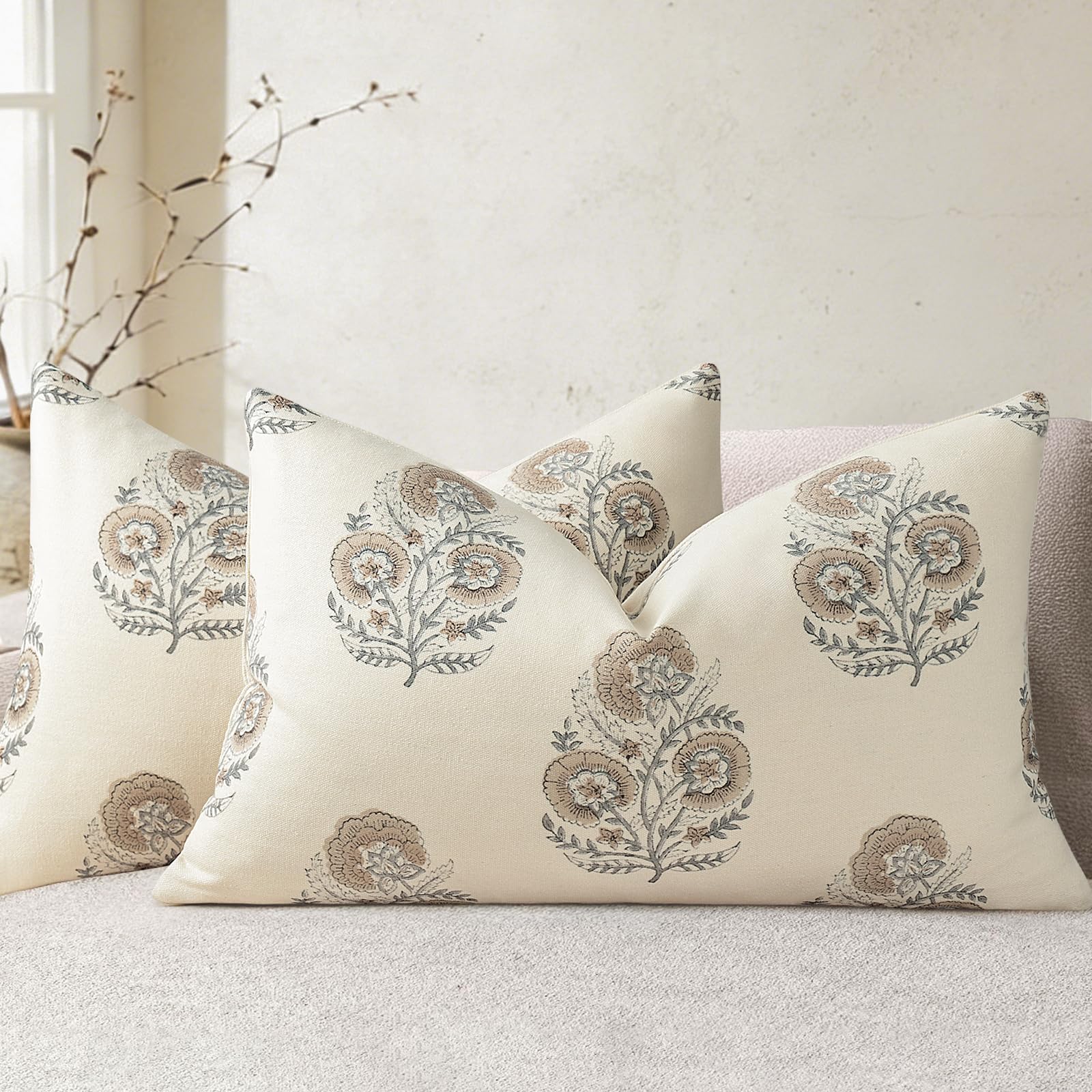 YCOLL Vintage Floral Print Pillow Covers 18x18 Set of 2 Patterned Accent Decorative Cushion Covers Modern Farmhouse Throw Pillow Covers for Sofa Couch Chair Bed Living Room Home Decor, Light Blue