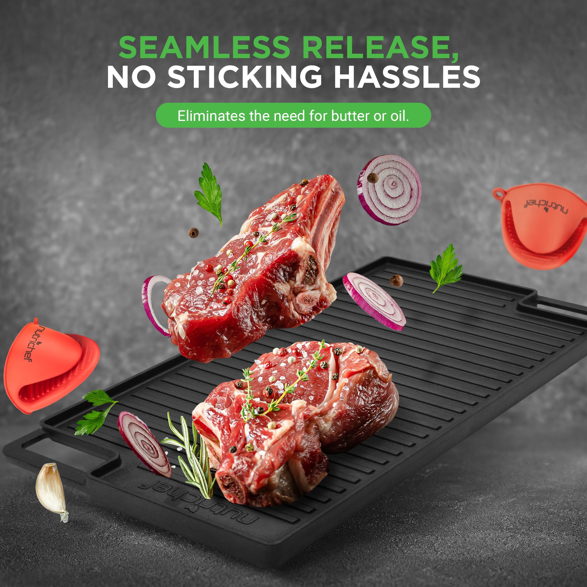 NutriChef Cast Iron Reversible Griddle 18x10 Inch – Pre-Seasoned Flat Top & Ridged Grill Side, Stove Top Griddle for Gas Grill, Outdoor & Indoor Cooking